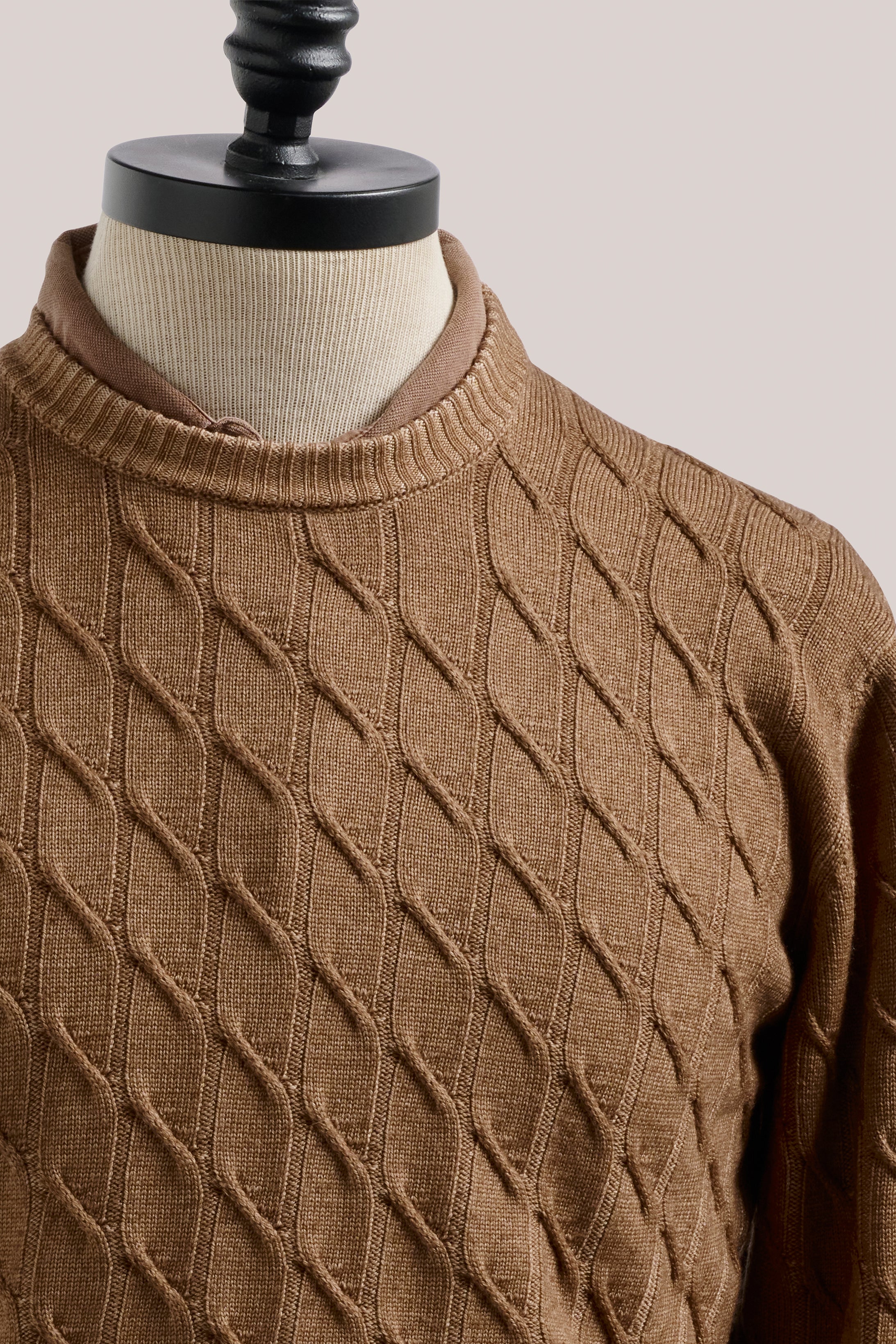 Diamond Cable Crew Knit - Biscuit Brown Vintage Wash