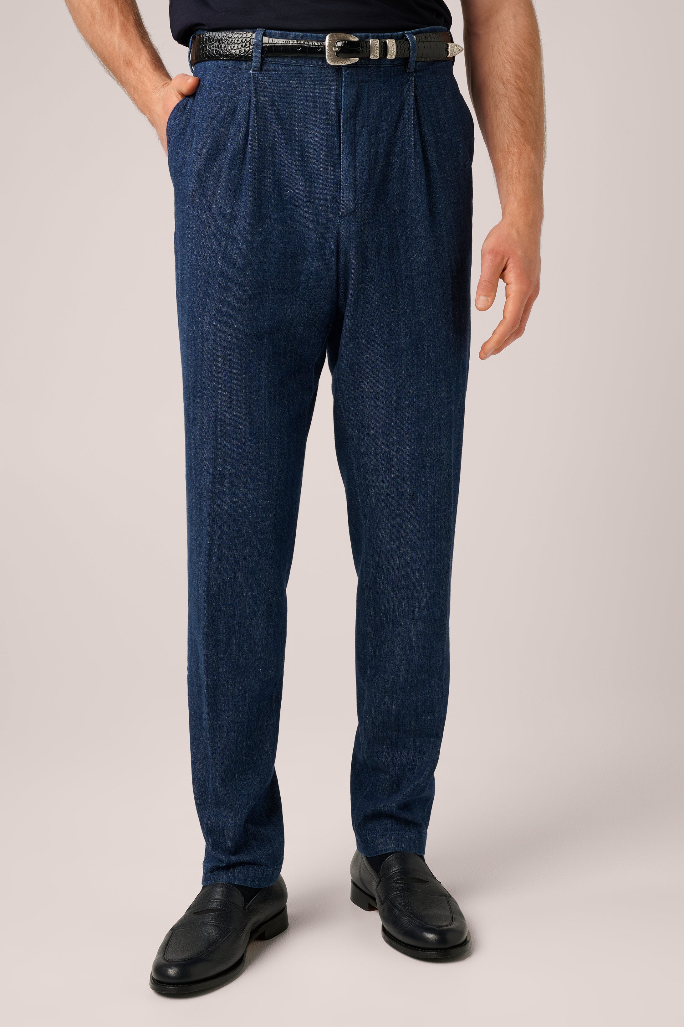 Single Pleat Denim Chino - Italian Cotton - Washed Denim