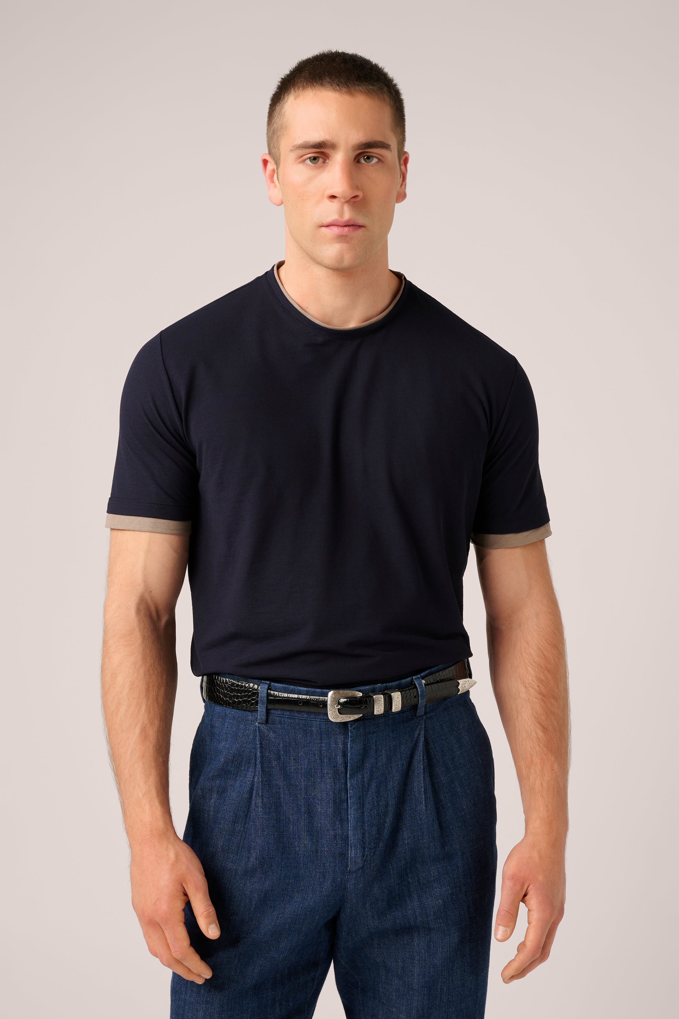 Double Layer T-Shirt - Italian Ice-Cotton - Navy & Taupe