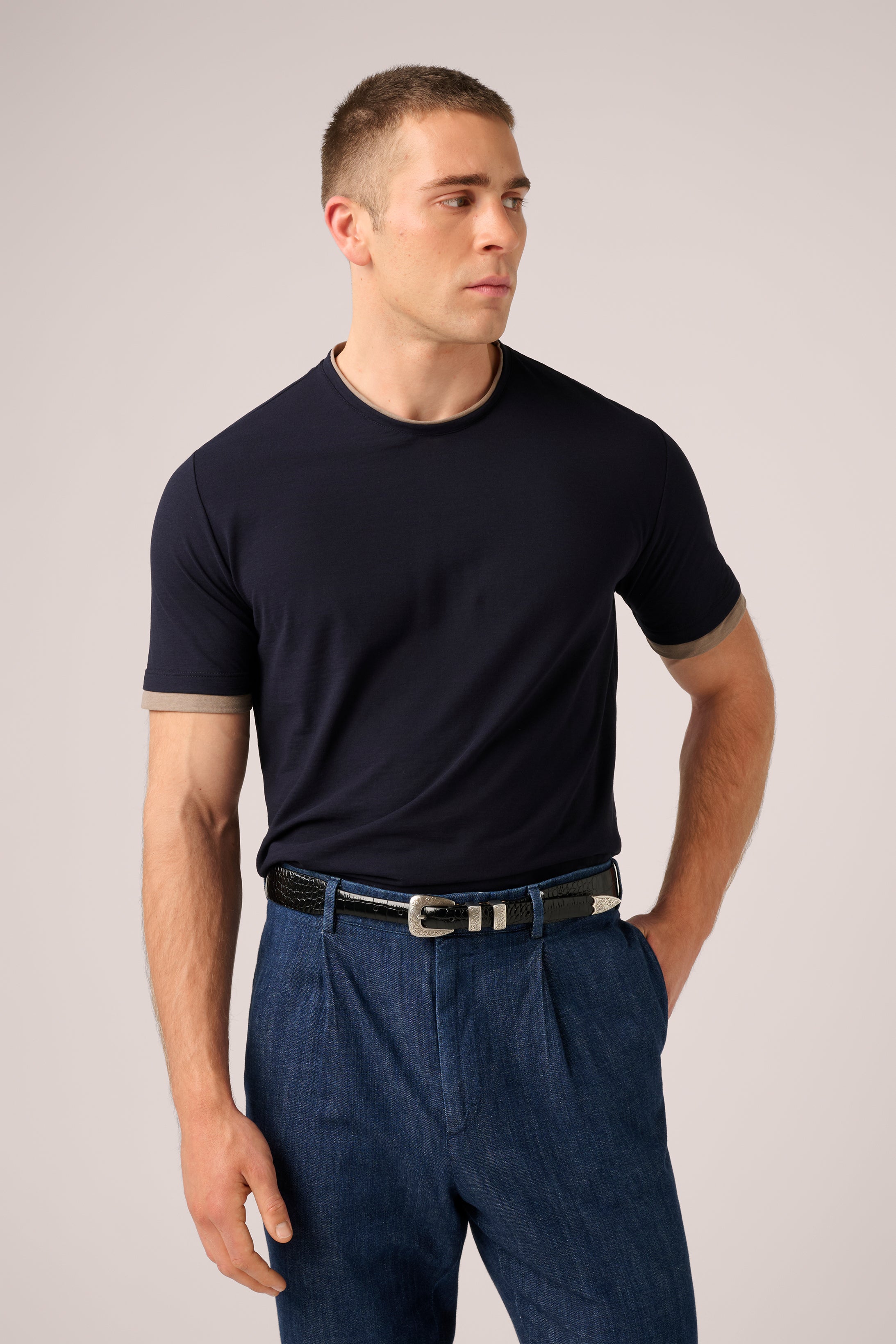Double Layer T-Shirt - Italian Ice-Cotton - Navy & Taupe