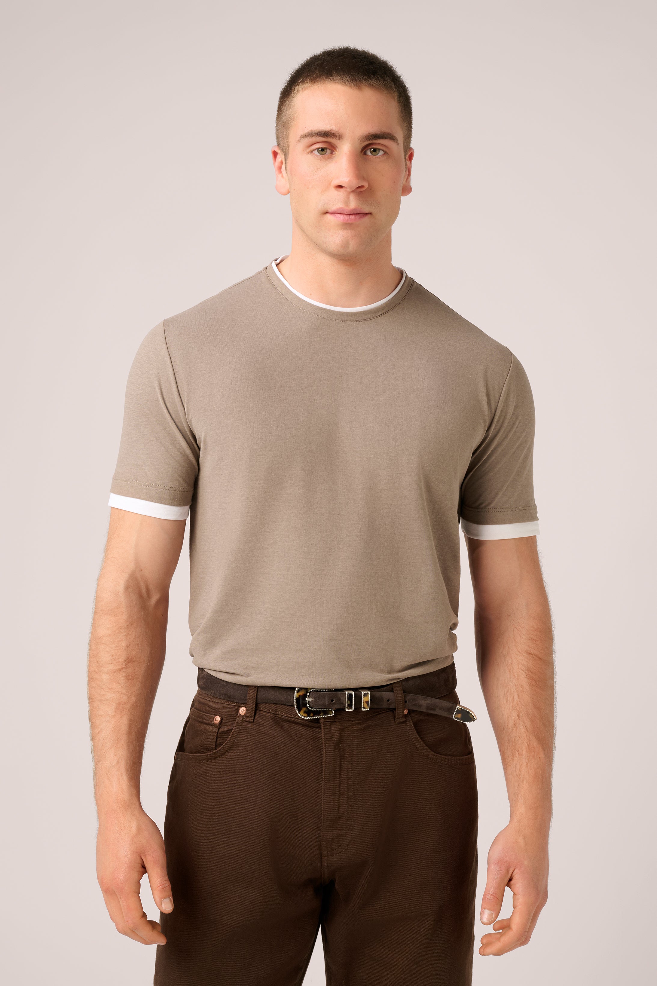 Double Layer T-Shirt - Italian Ice-Cotton - Taupe & White
