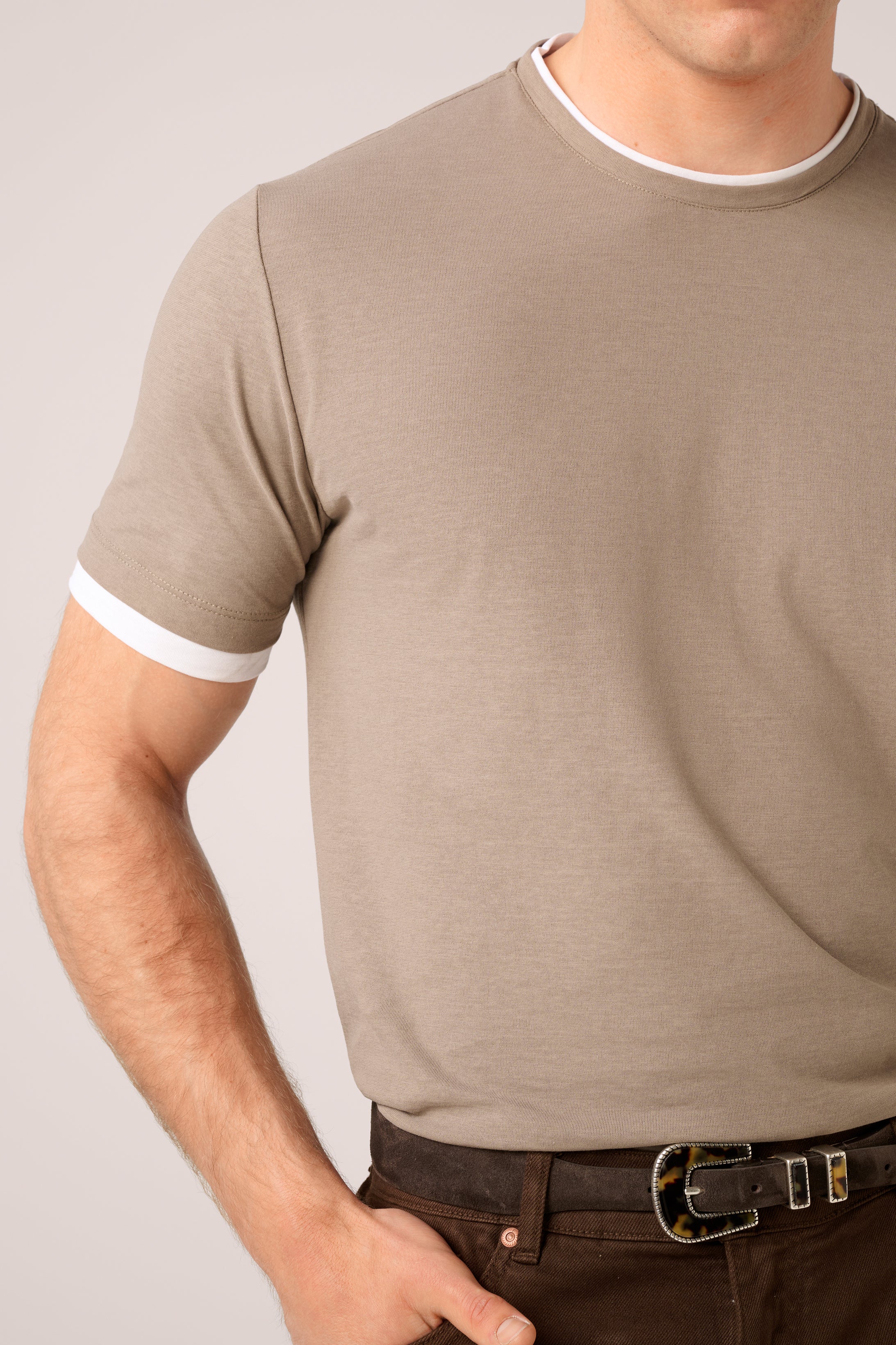 Double Layer T-Shirt - Italian Ice-Cotton - Taupe & White