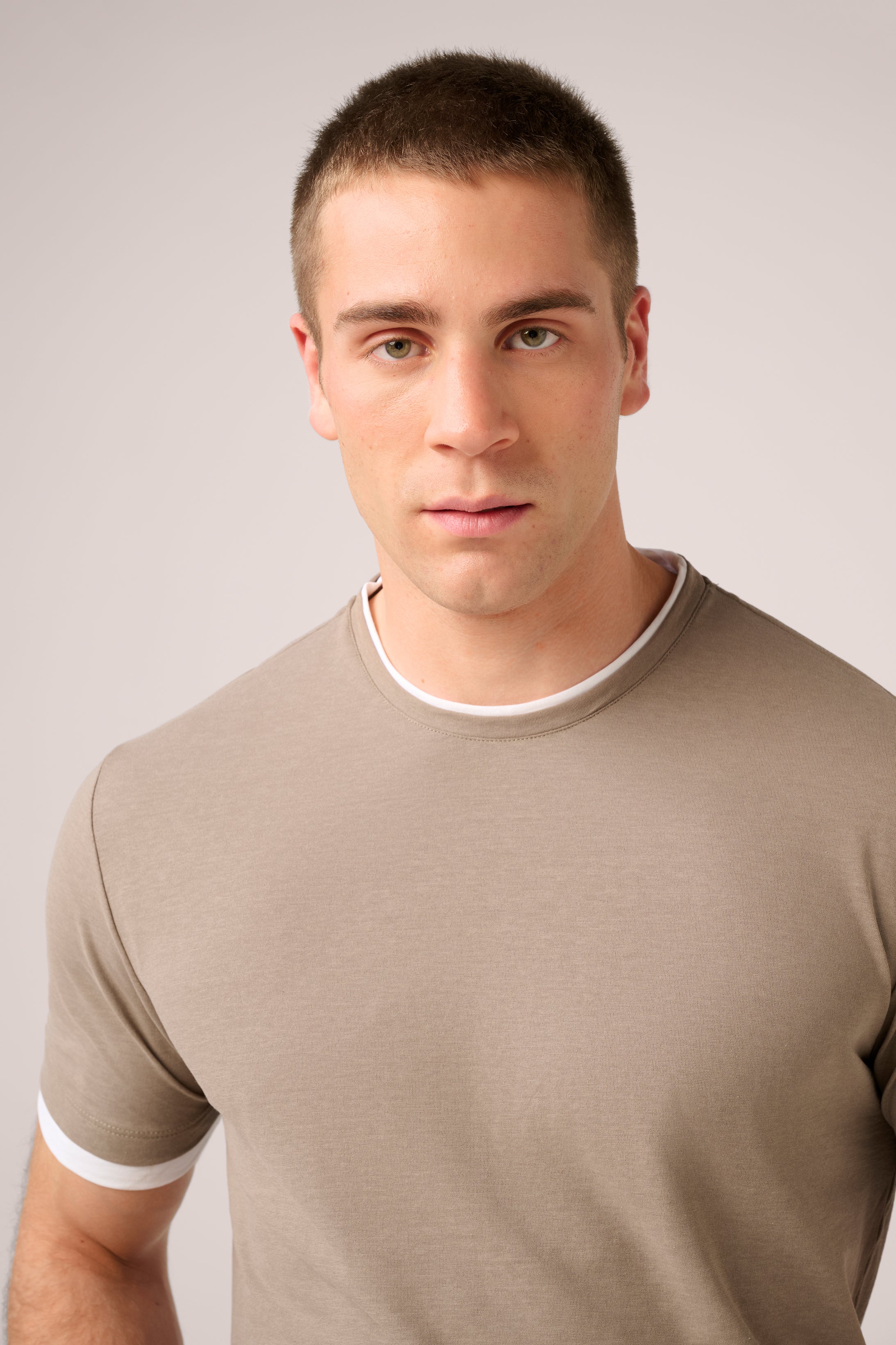 Double Layer T-Shirt - Italian Ice-Cotton - Taupe & White