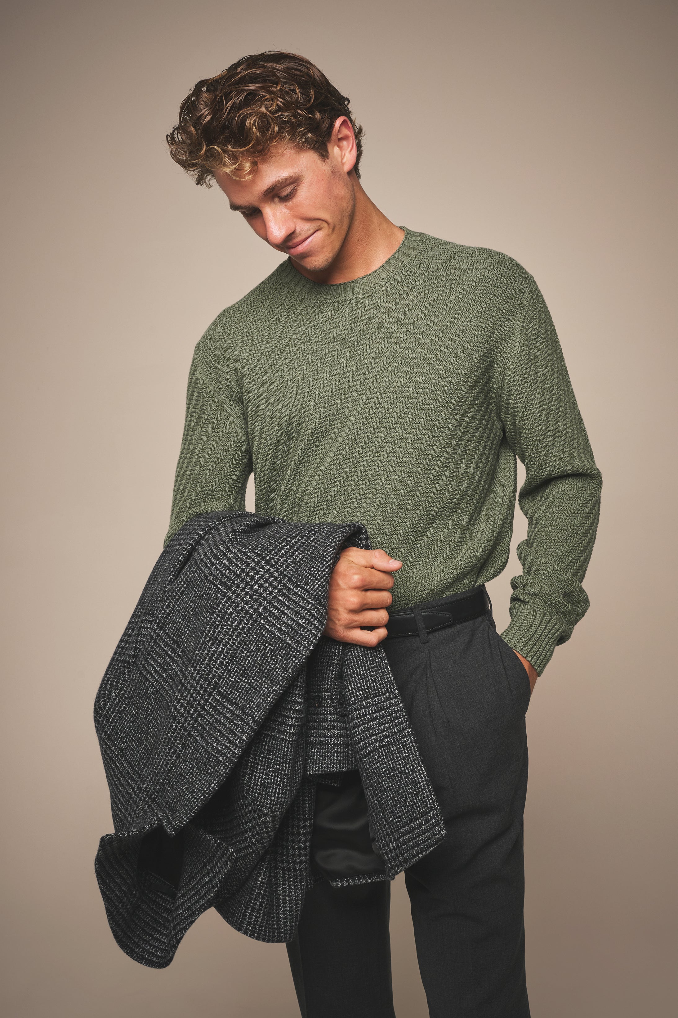 Basketweave Crew Neck Sweater - Wool - Olive Green
