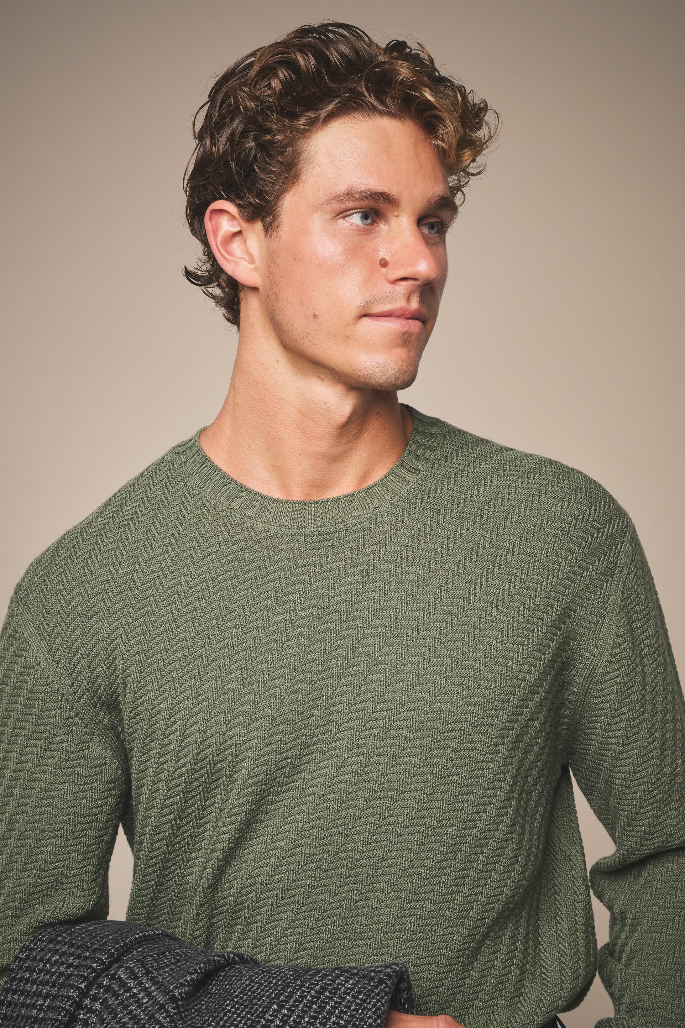 Basketweave Crew Neck Sweater - Wool - Olive Green