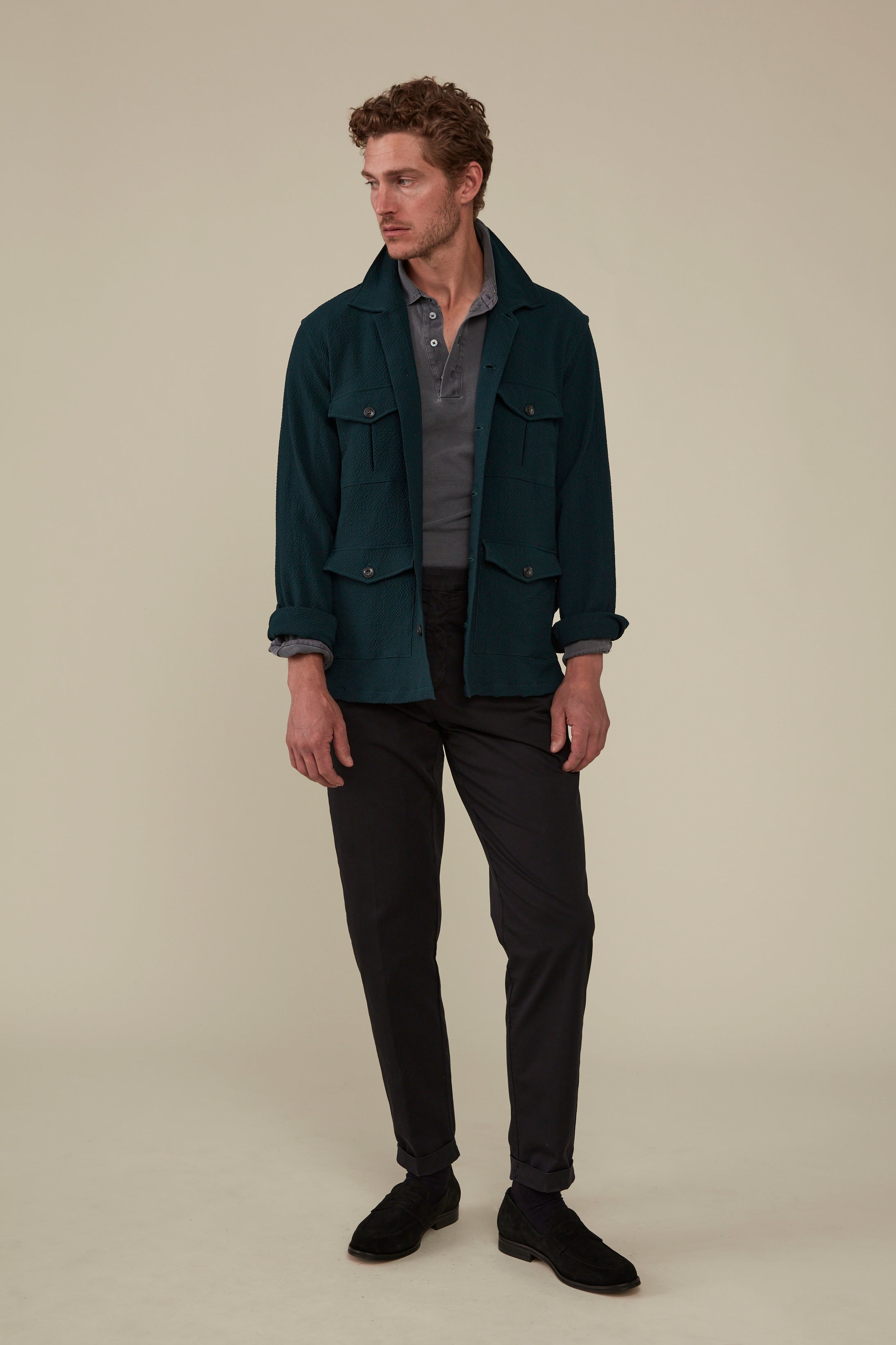 Clifton Seersucker Overshirt Virgin Wool and Mohair- Emerald