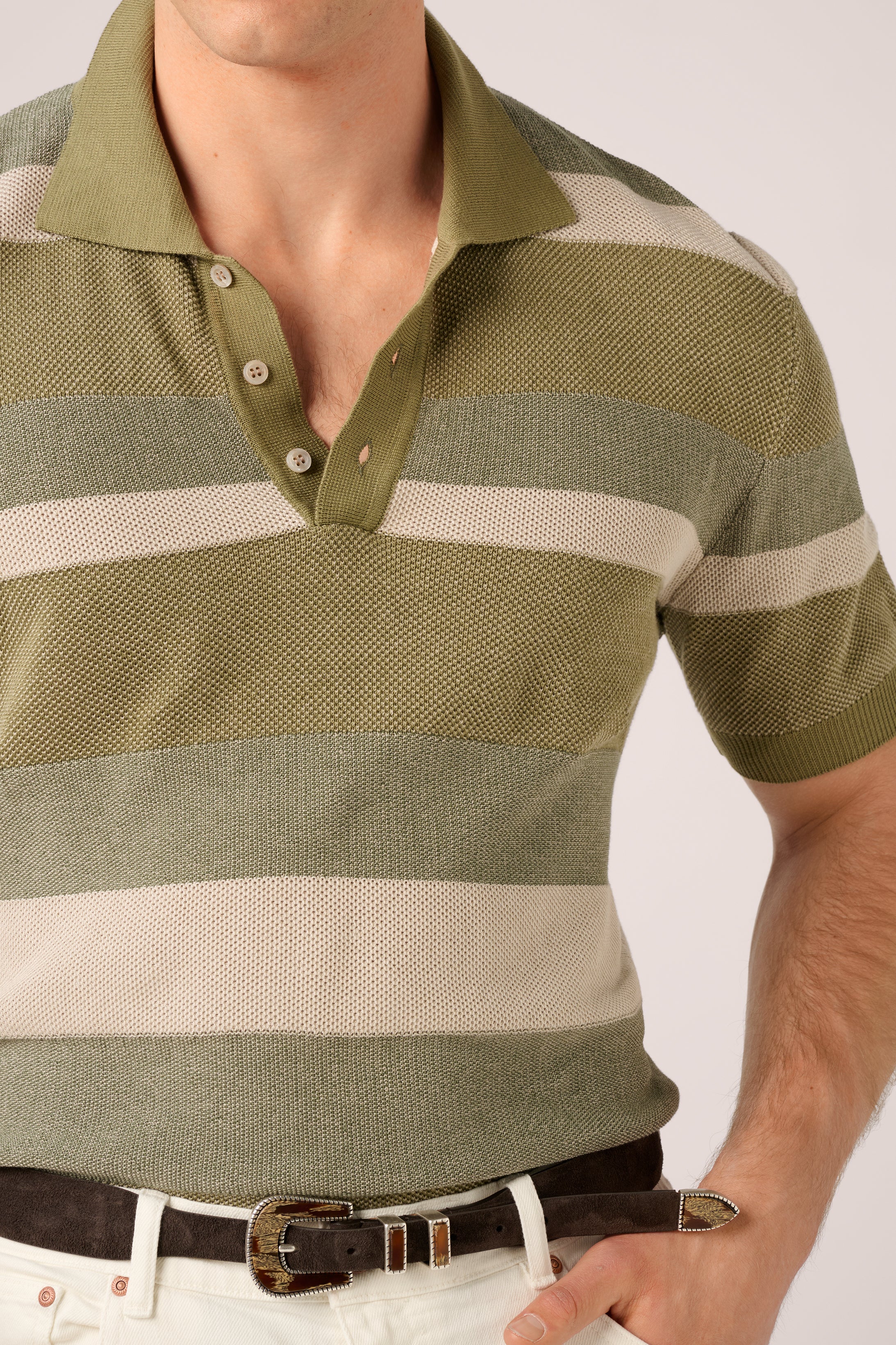 Short-Sleeved Knit Polo - Italian Cotton - Green & Sand Stripe (PRE-ORDER)