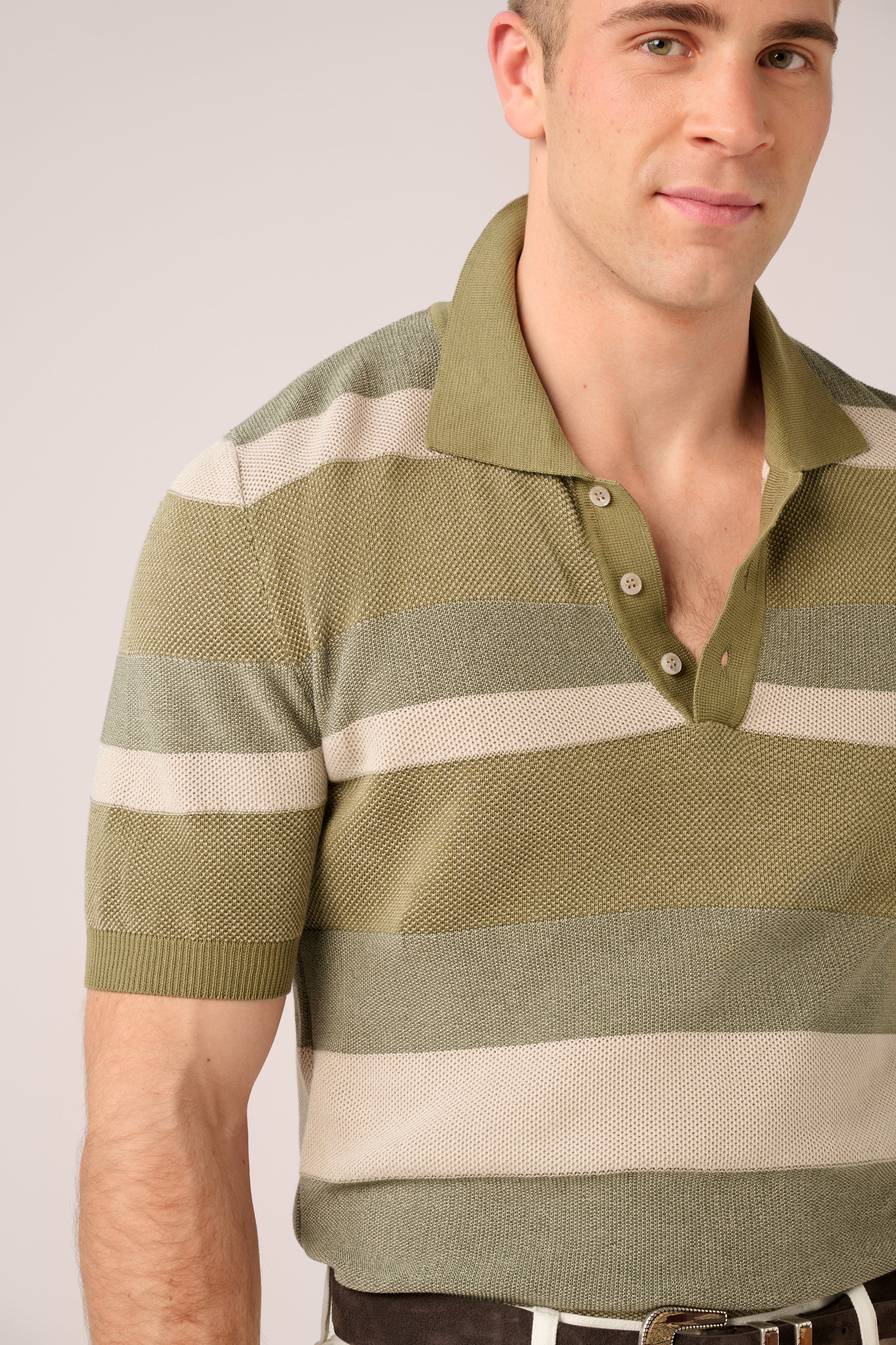 Short-Sleeved Knit Polo - Italian Cotton - Green & Sand Stripe (PRE-ORDER)