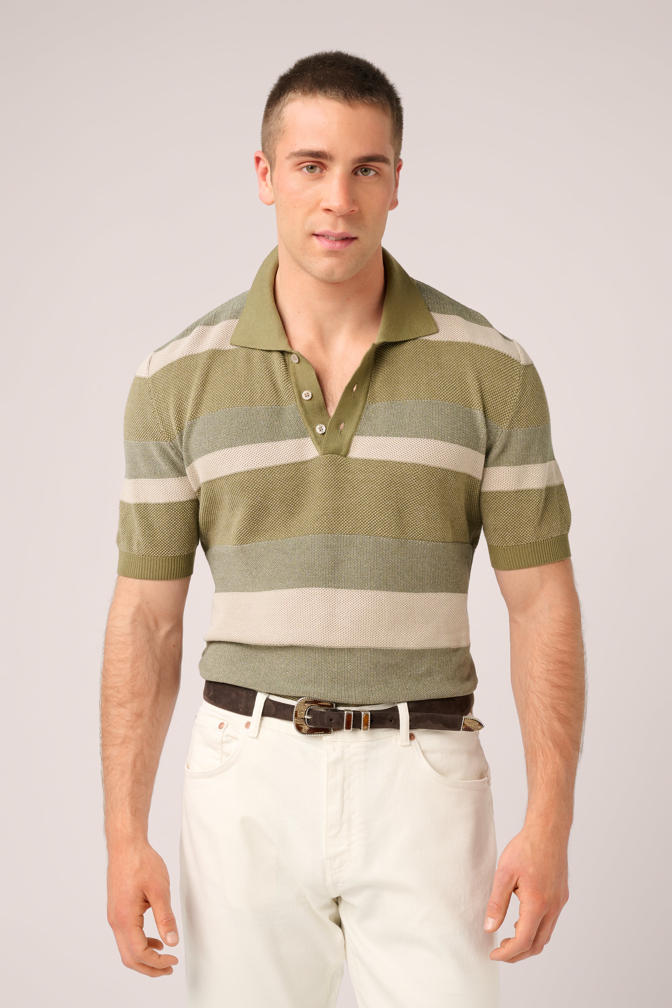 Short-Sleeved Knit Polo - Italian Cotton - Green & Sand Stripe (PRE-ORDER)