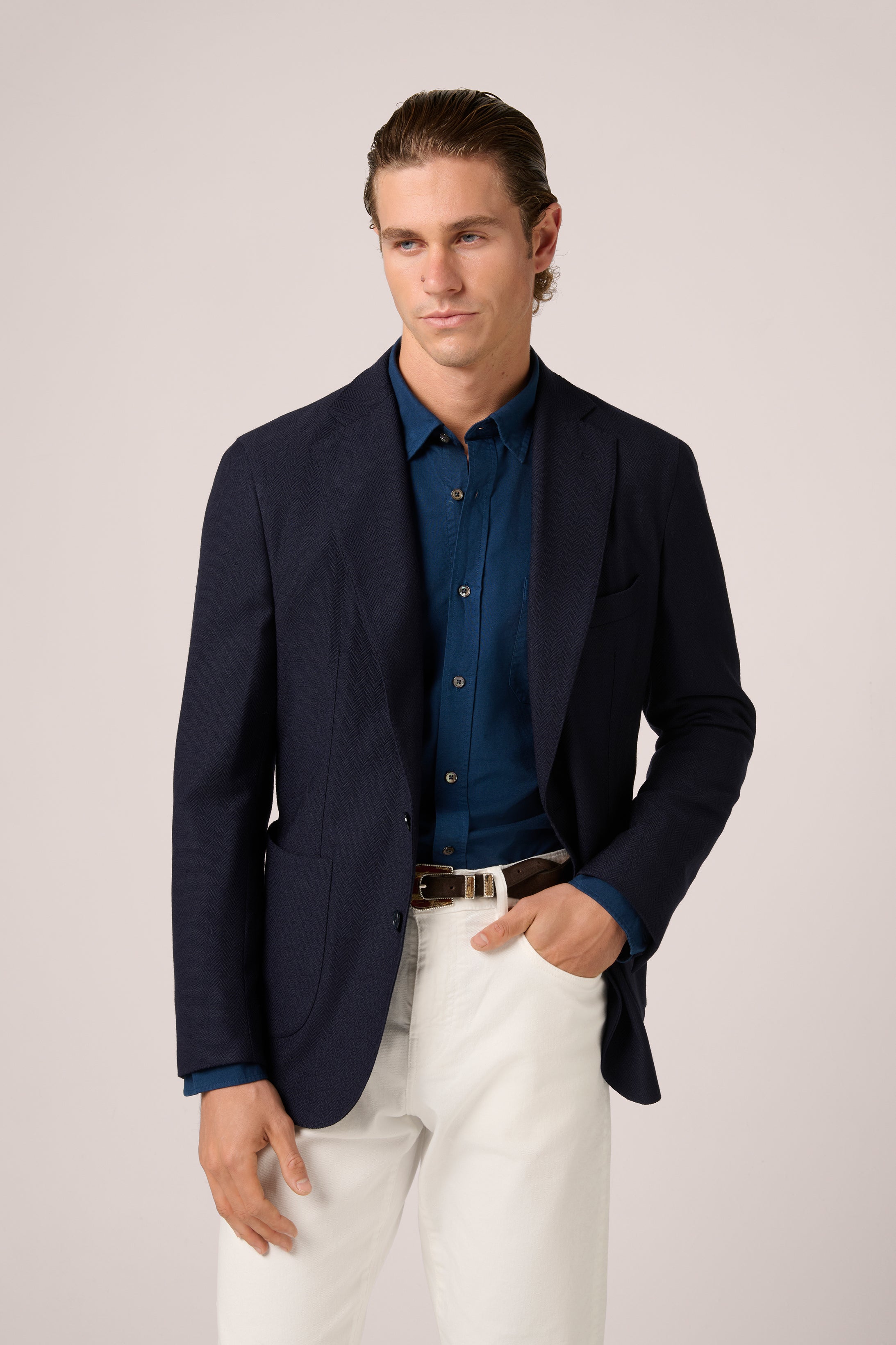 Apollo Single-Breasted Blazer - Wool - Navy Herringbone