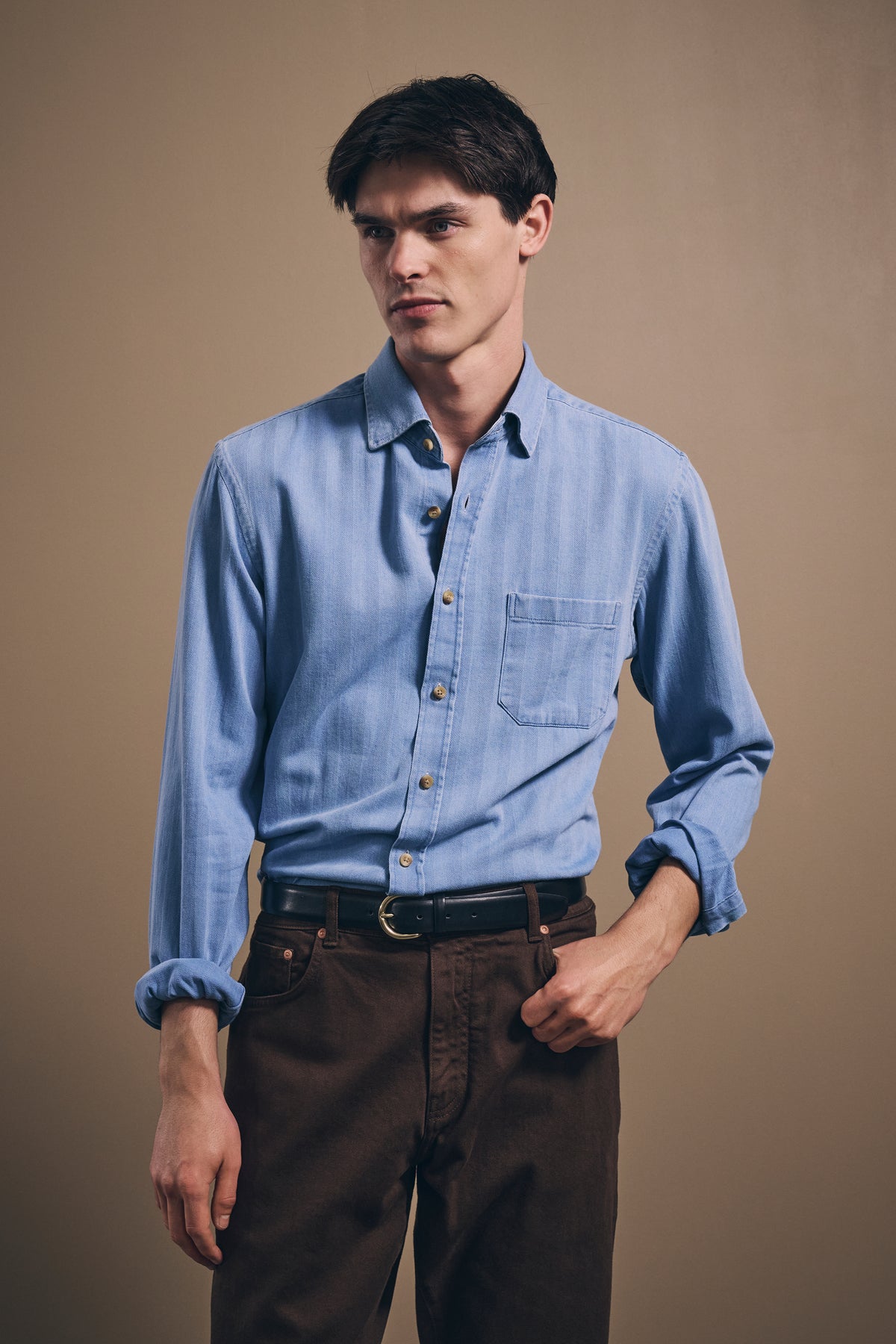 Herringbone Denim Shirt - Italian Cotton - Light-Wash Blue