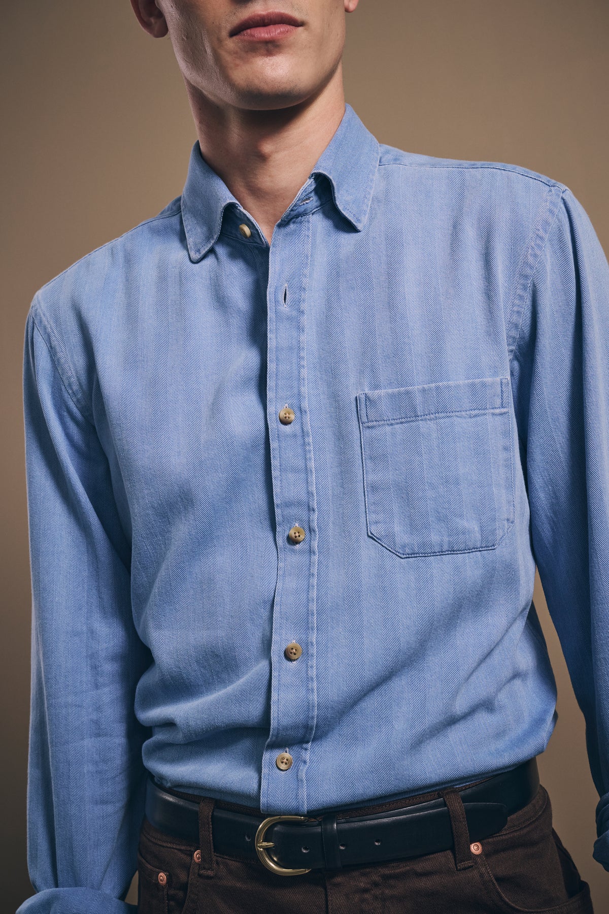 Herringbone Denim Shirt - Italian Cotton - Light-Wash Blue