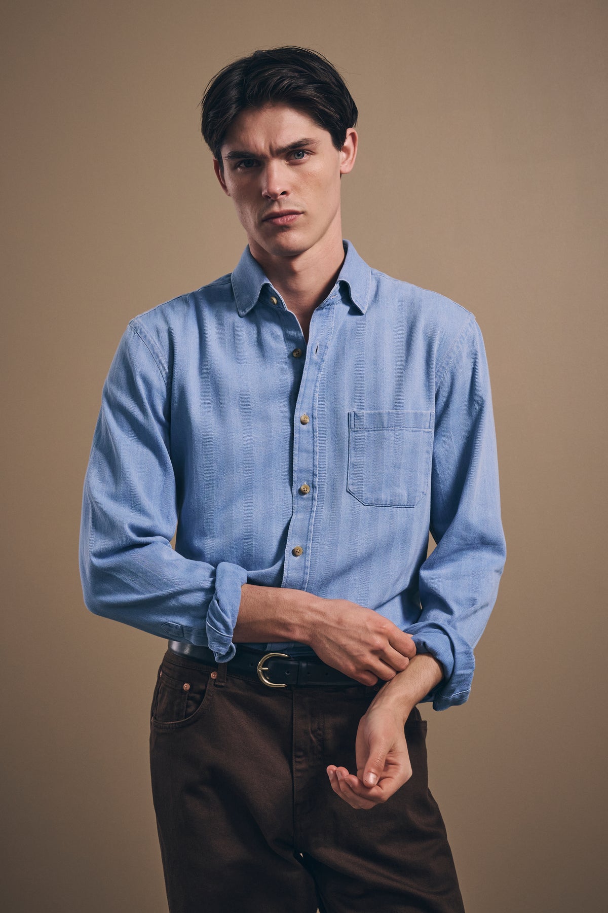 Herringbone Denim Shirt - Italian Cotton - Light-Wash Blue