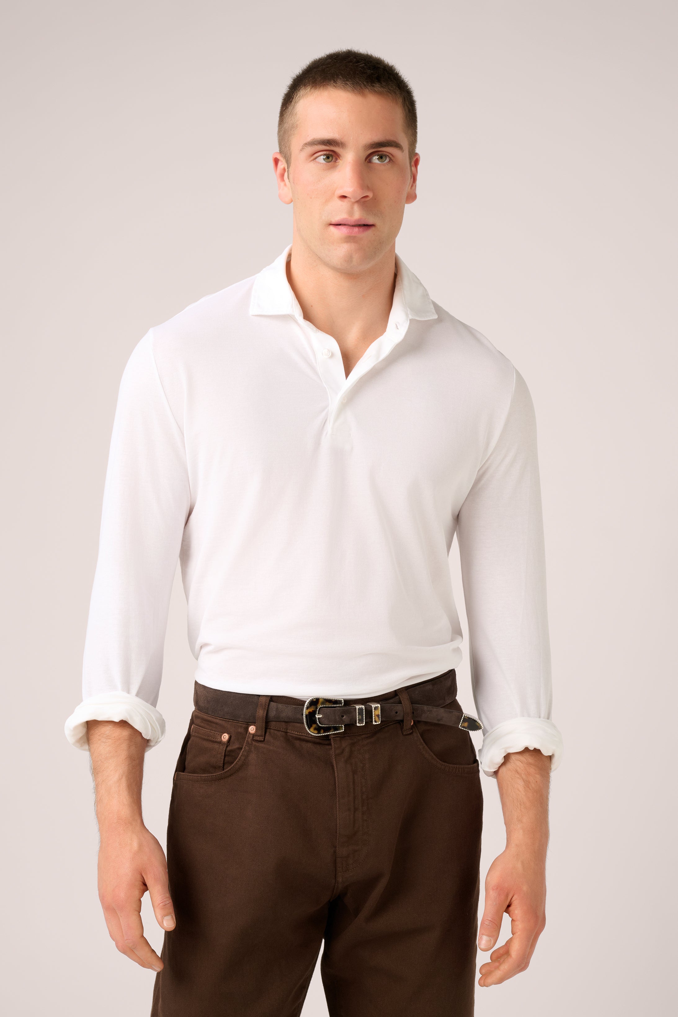 Long-Sleeve Polo - Italian Ice Cotton - Optic White
