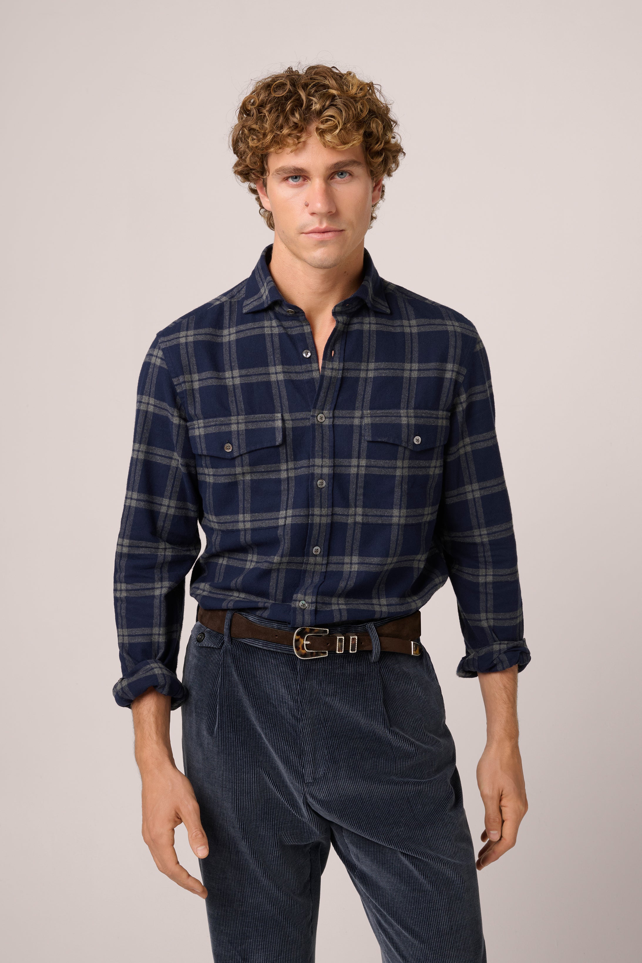 Flannel Shirt - Cotton - Navy & White Check