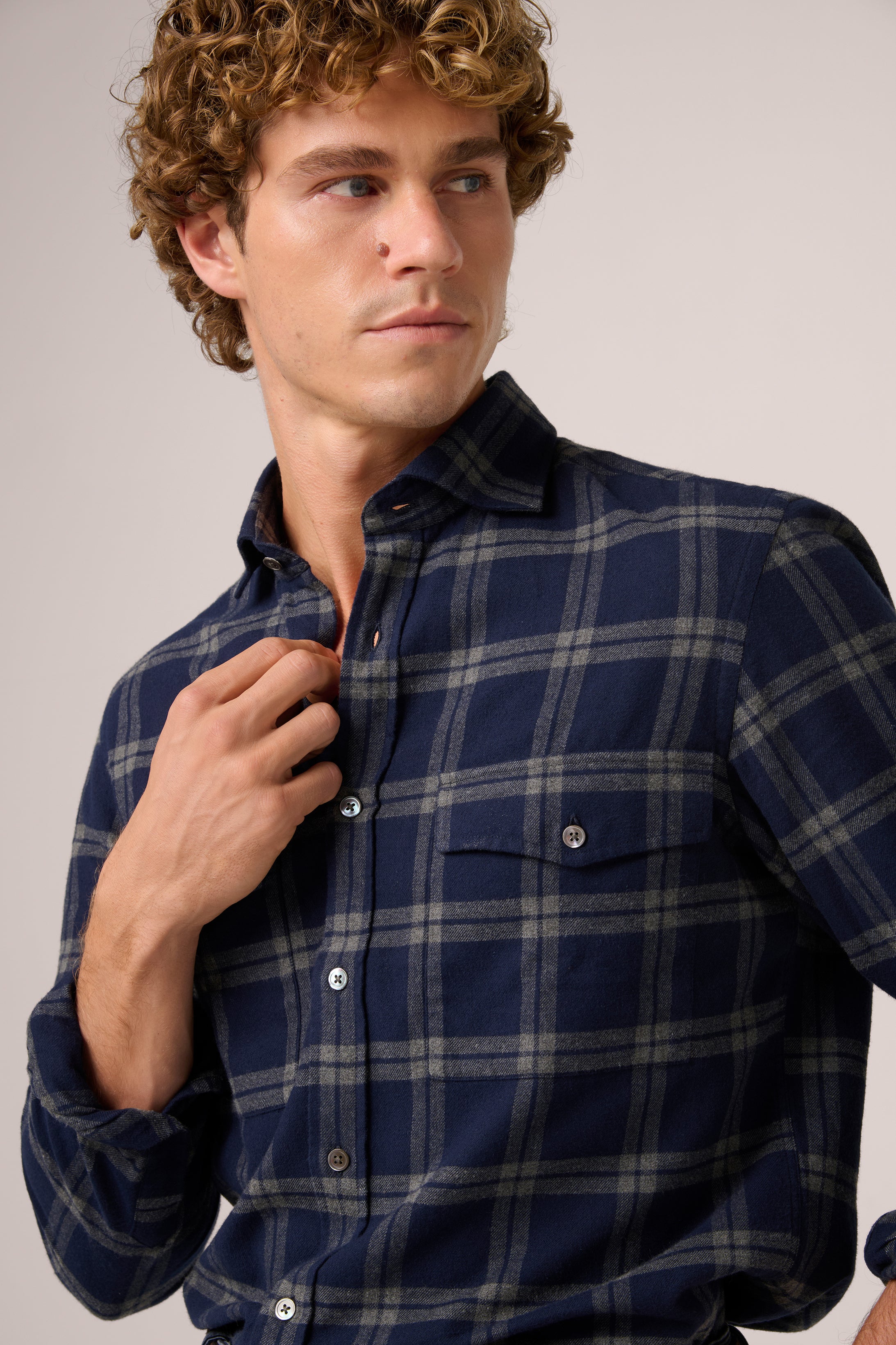 Flannel Shirt - Cotton - Navy & White Check