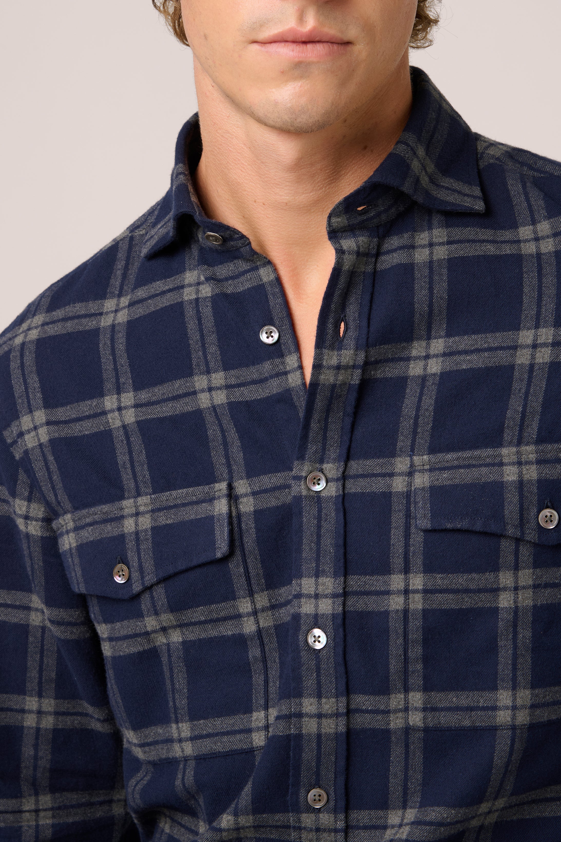 Flannel Shirt - Cotton - Navy & White Check