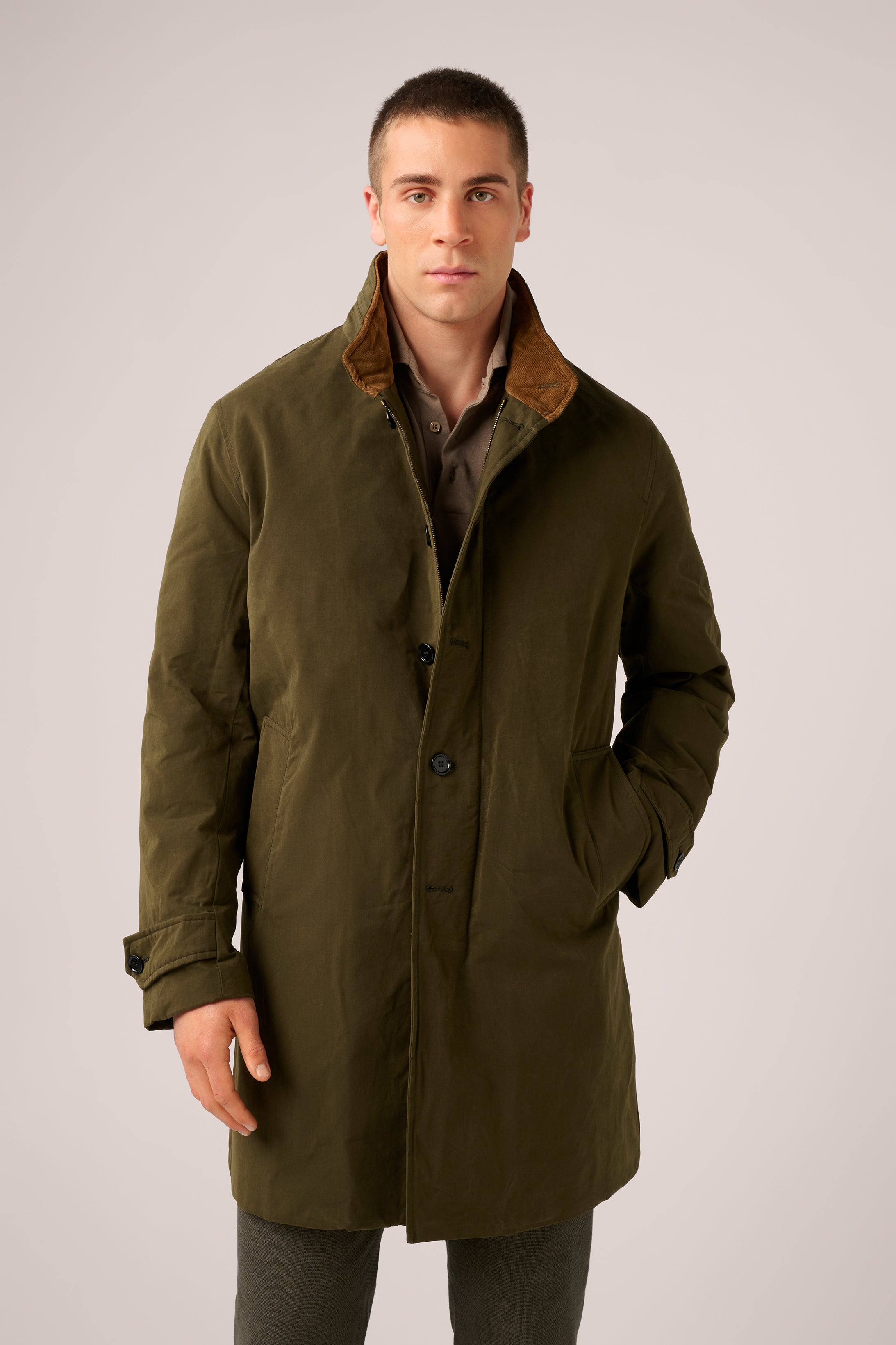 Italian Walking Coat - Water-Repellent Cotton - Olive Green