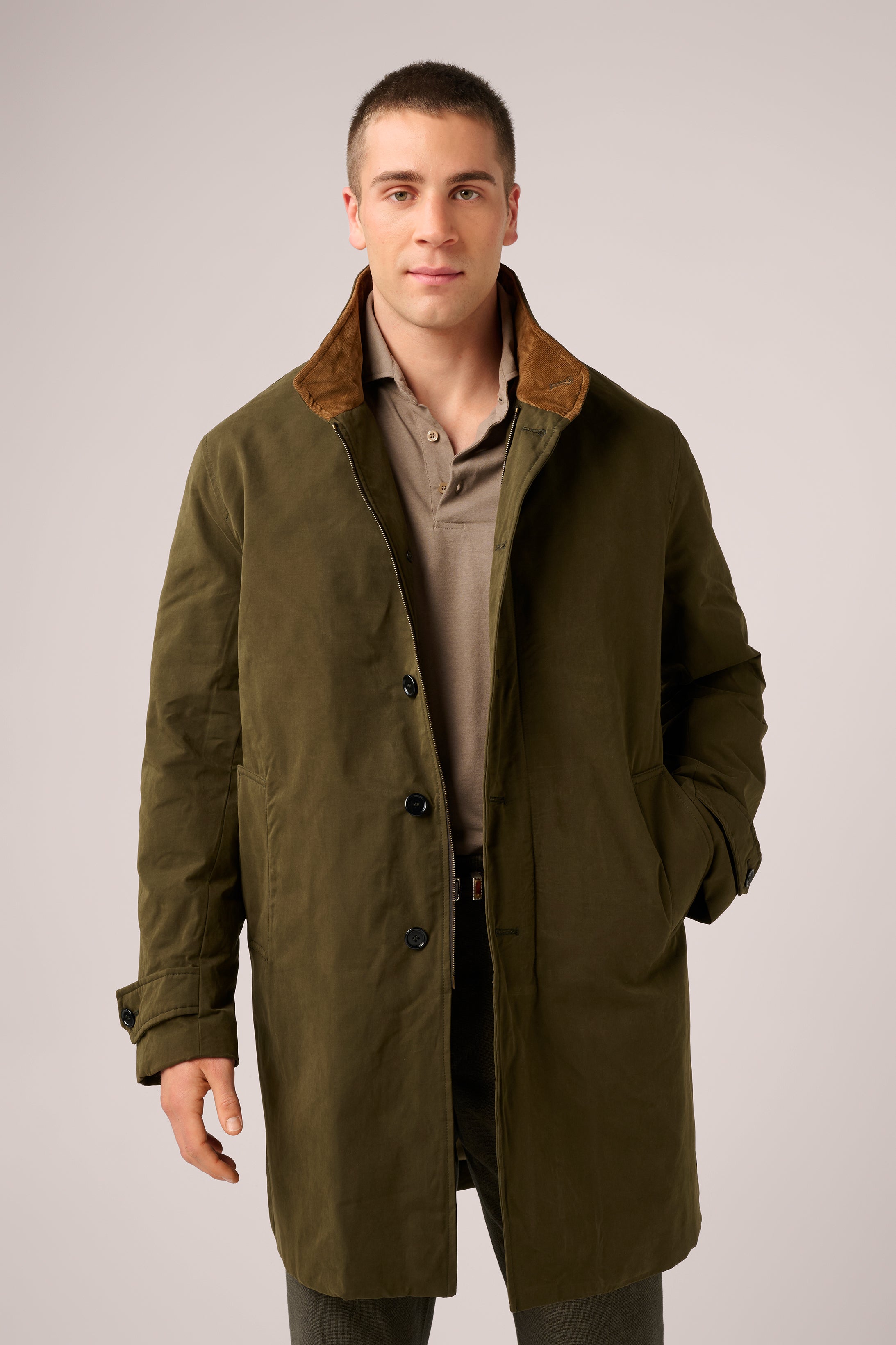 Italian Walking Coat - Water-Repellent Cotton - Olive Green