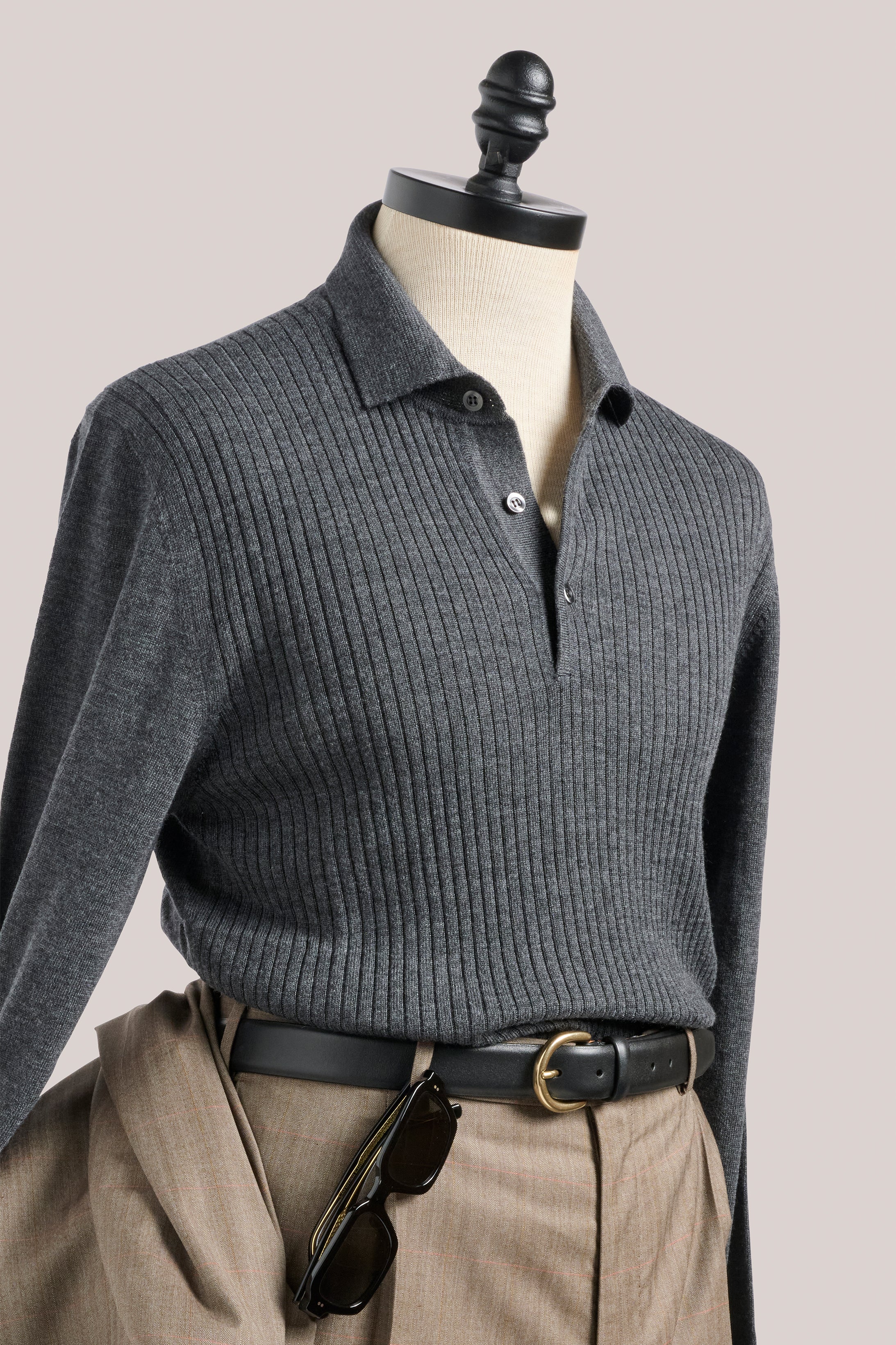 Hampden Merino Wool Long Sleeved Polo - Anthracite