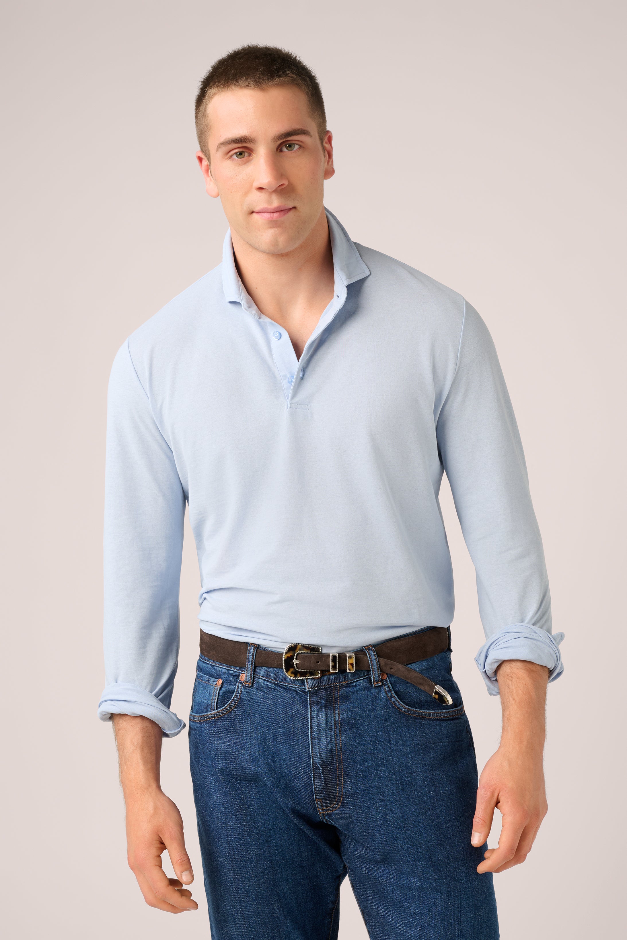 Long-Sleeve Polo - Italian Ice Cotton - Sky Blue