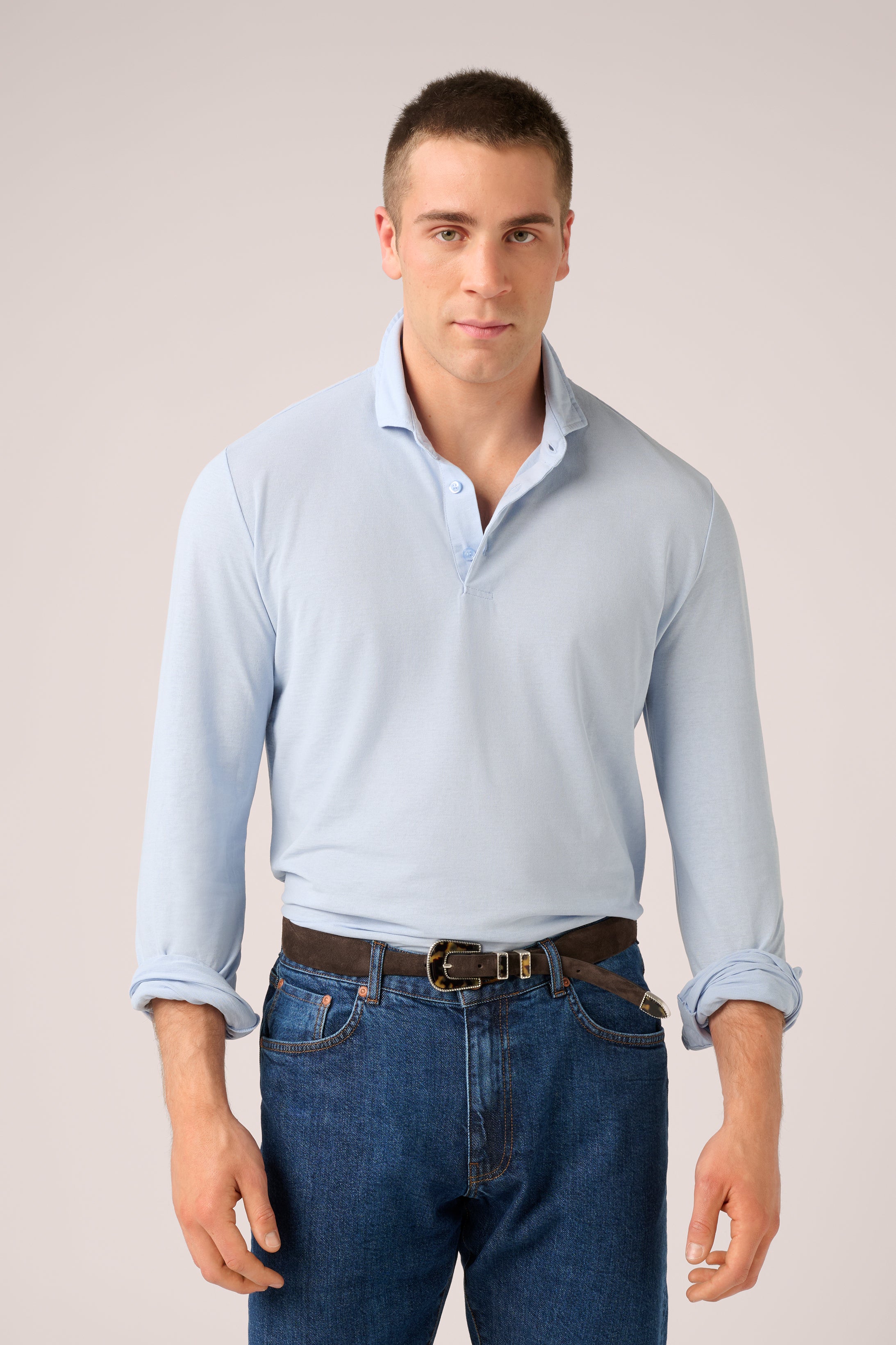 Long-Sleeve Polo - Italian Ice Cotton - Sky Blue