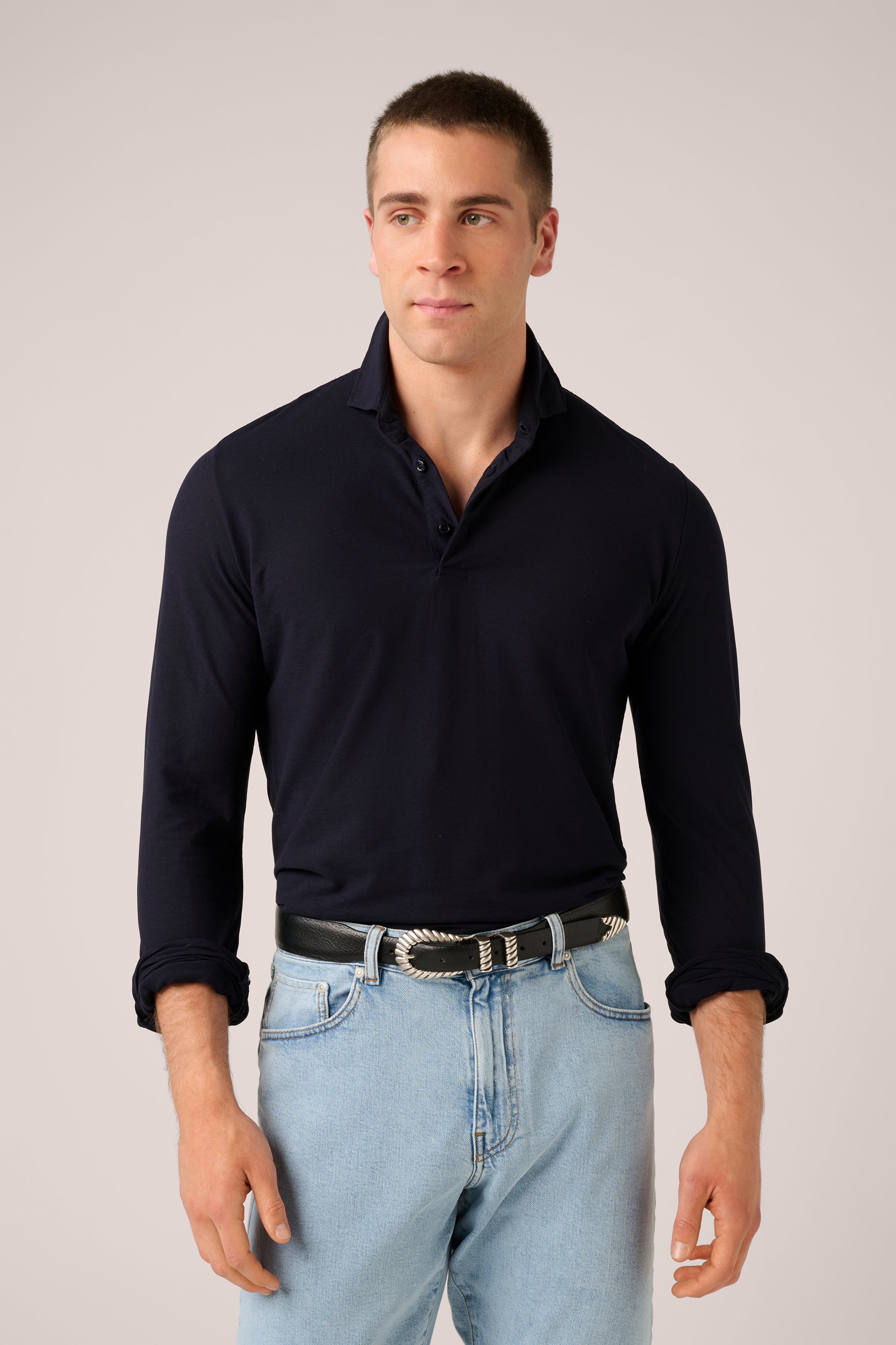 Long-Sleeve Polo - Italian Ice Cotton - Navy Blue