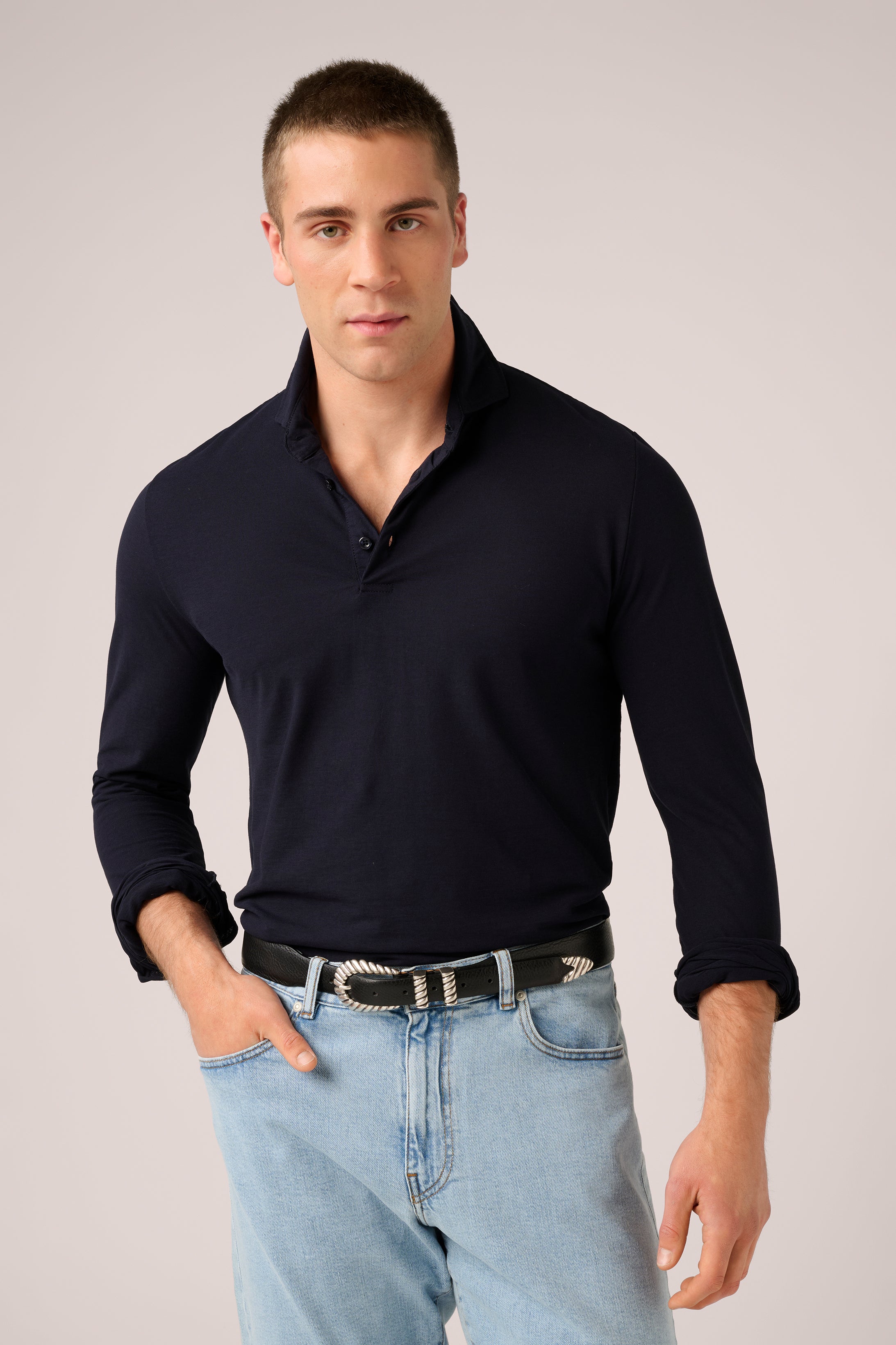 Long-Sleeve Polo - Italian Ice Cotton - Navy Blue