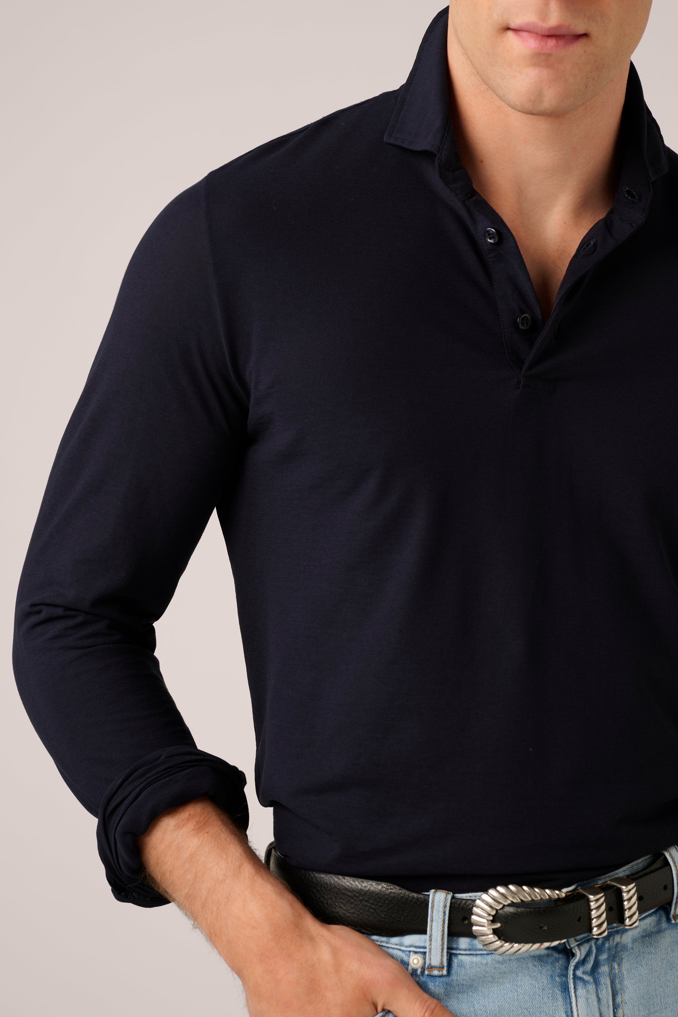 Long-Sleeve Polo - Italian Ice Cotton - Navy Blue