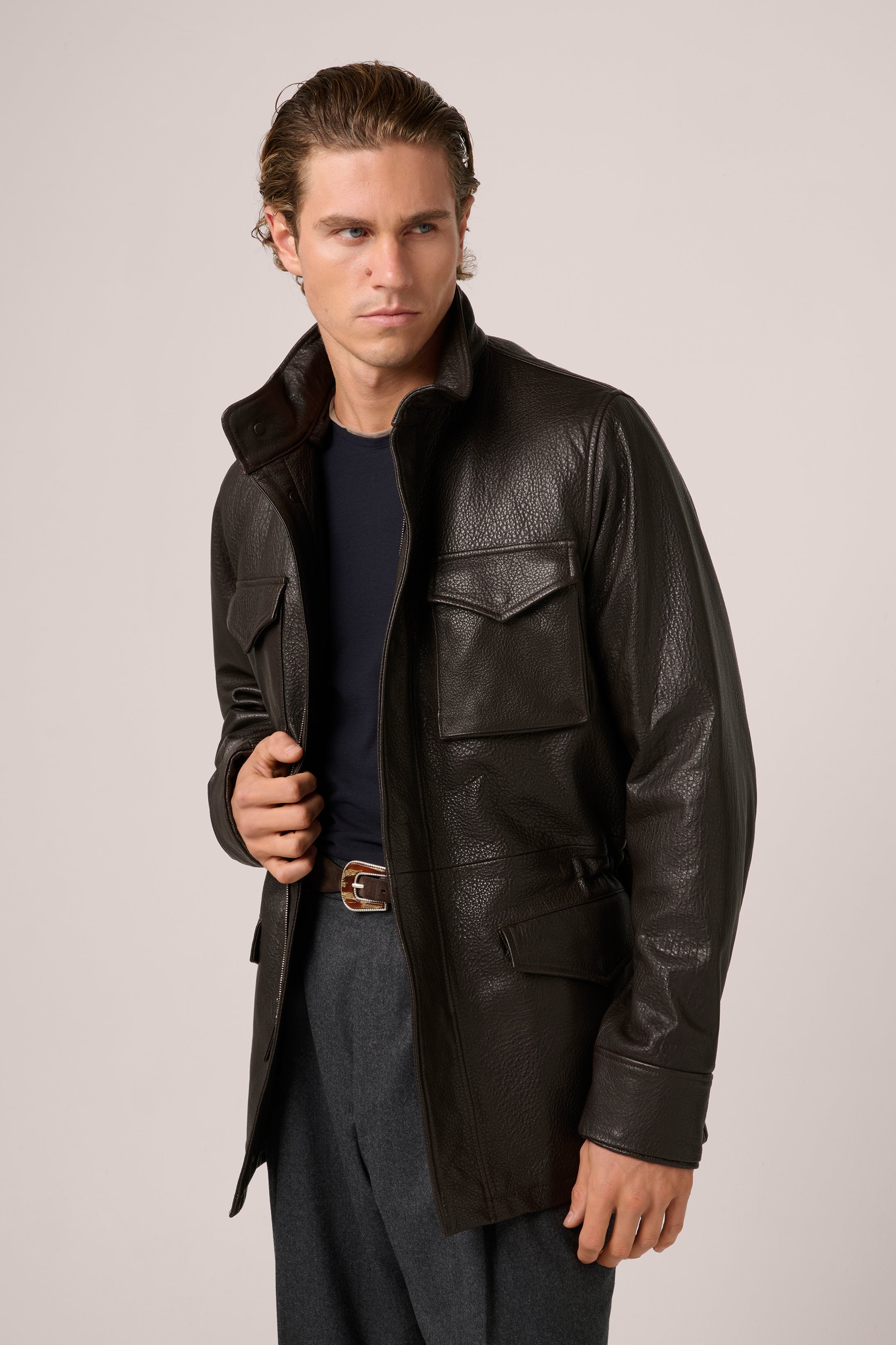 Field Jacket - Tumbled Grain Lambskin Leather - Chocolate Brown