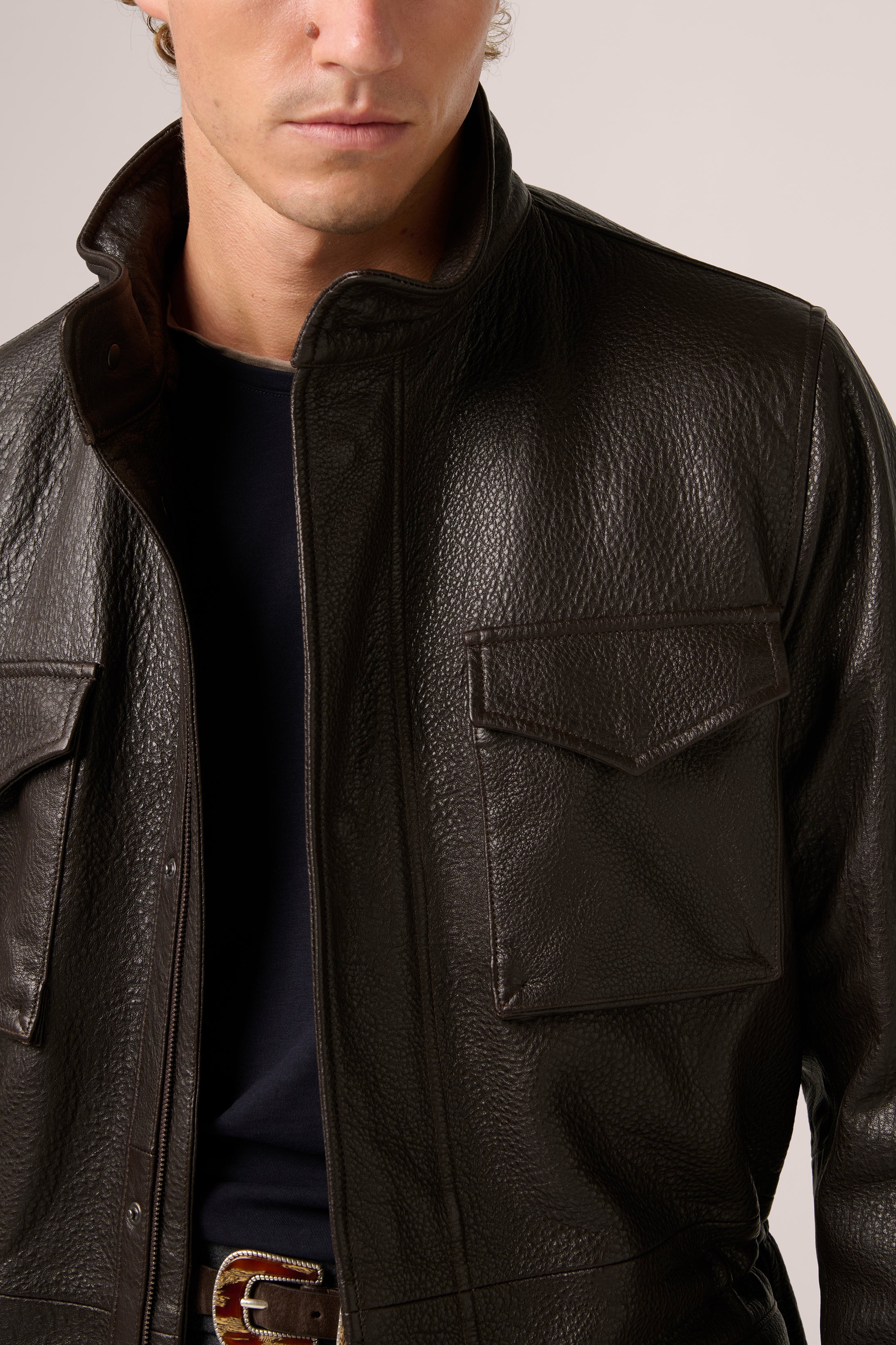 Field Jacket - Tumbled Grain Lambskin Leather - Chocolate Brown