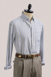 Holiday Shirt - Cotton/Linen - Blue and Olive Stripe