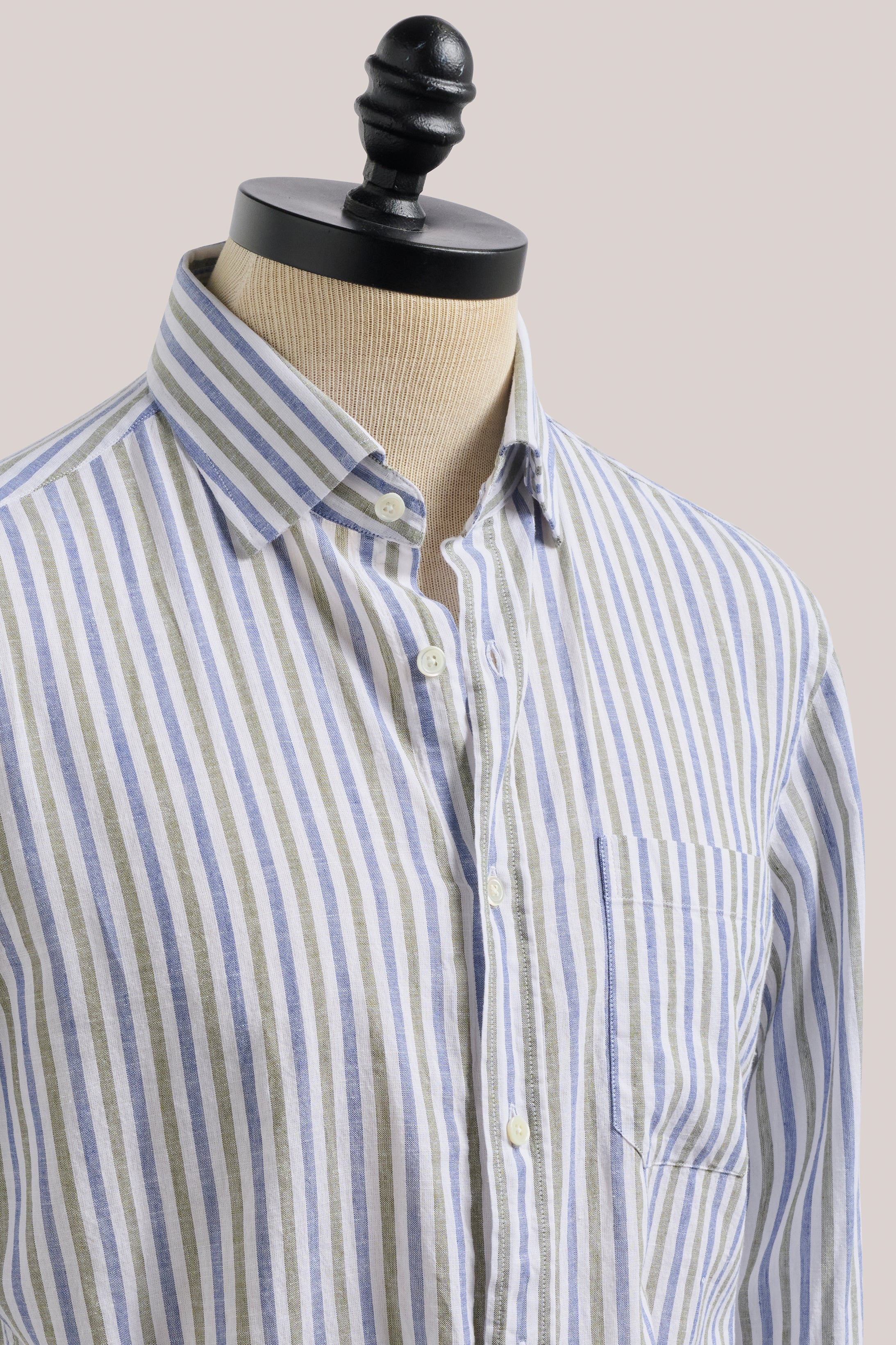 Holiday Shirt - Cotton/Linen - Blue and Olive Stripe