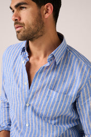 Holiday Shirt - Cotton/Linen - Cornflower Blue and Chocolate Stripe