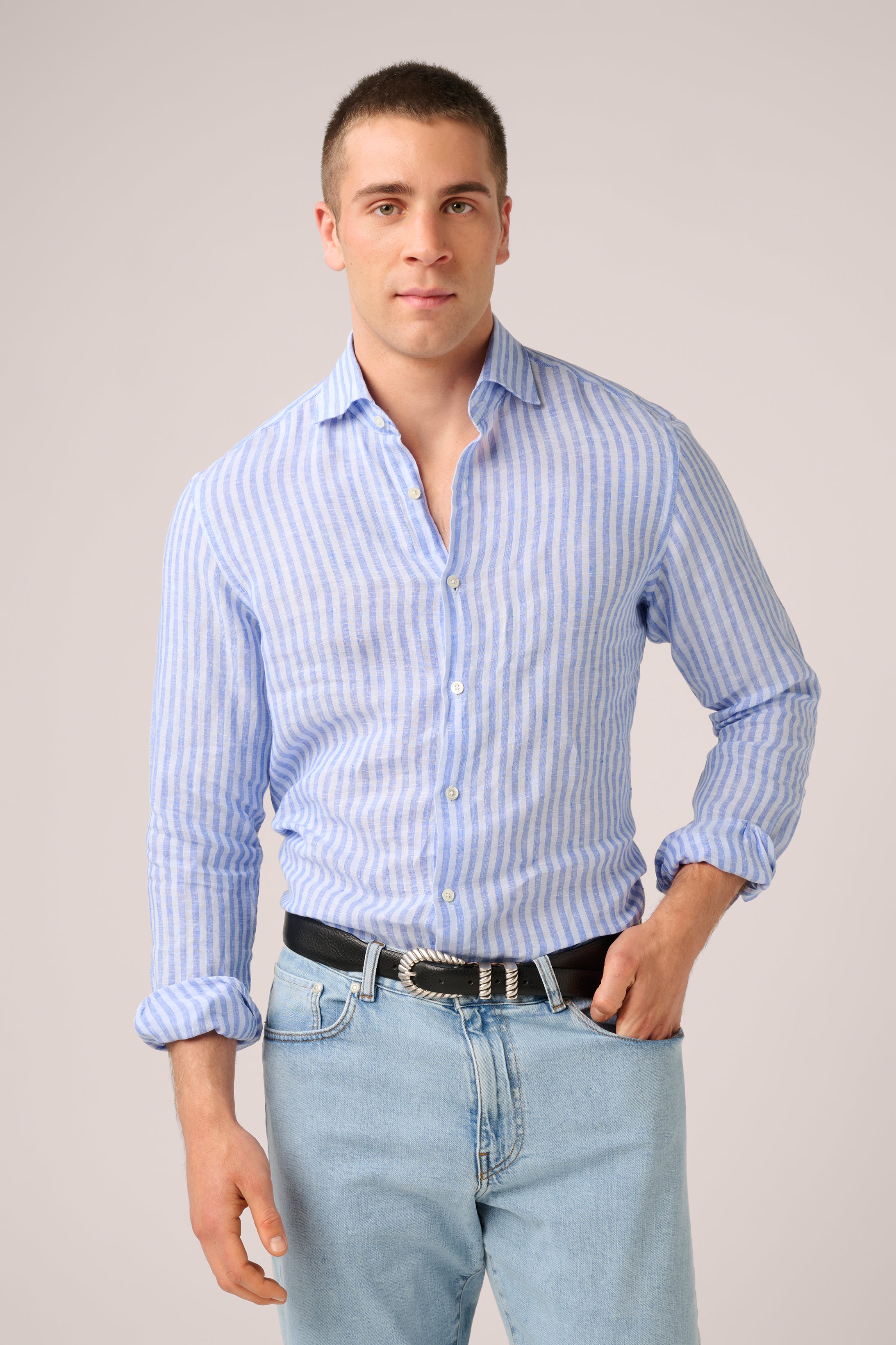 Holiday Shirt - Italian Linen - Blue & White Stripe (Pre-Order)