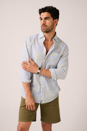 Holiday Shirt - Cotton/Linen - Blue and Olive Stripe