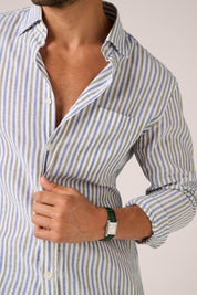 Holiday Shirt - Cotton/Linen - Blue and Olive Stripe