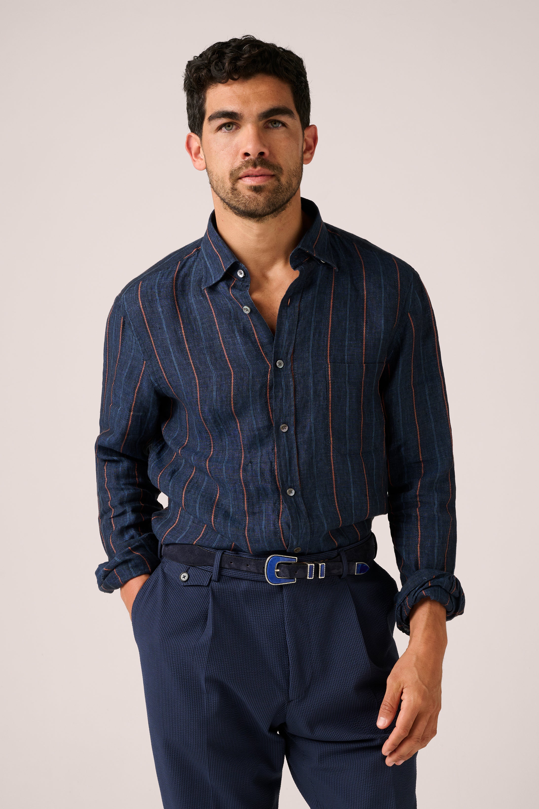 Somelos Orange Striped Blue Linen Shirt