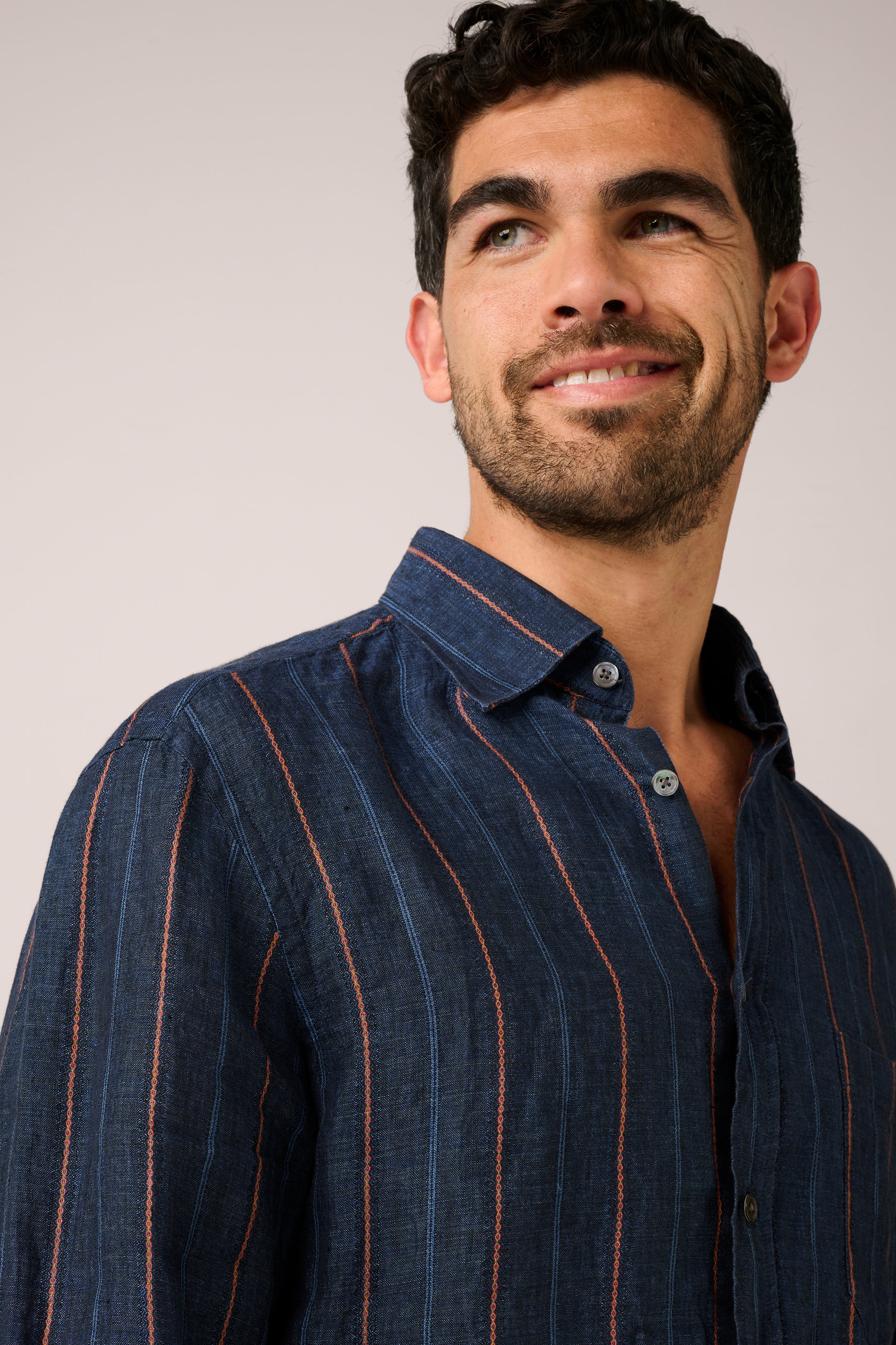 Somelos Orange Striped Blue Linen Shirt