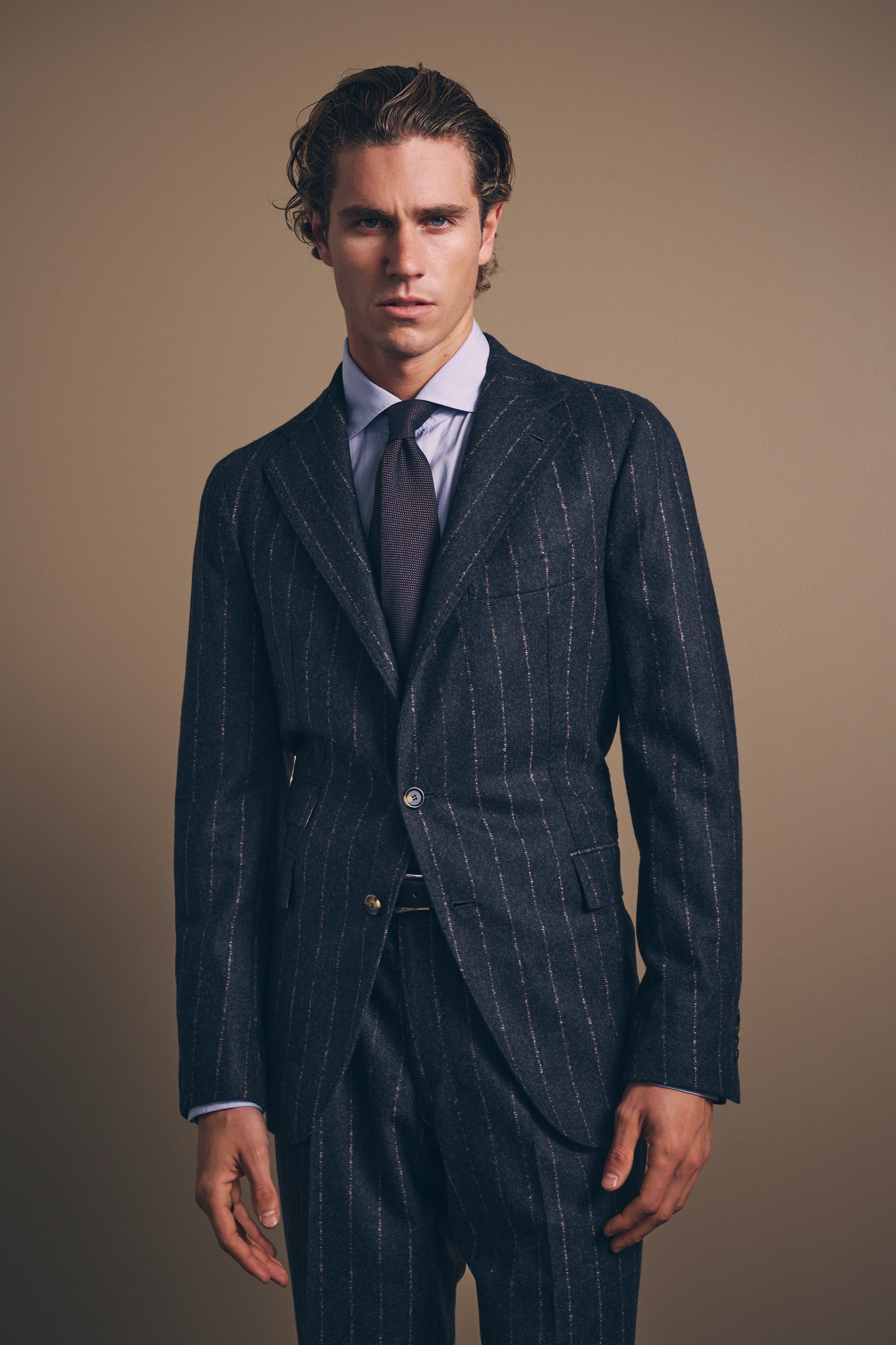 Naples Single-Breasted Suit - Wool/Cashmere - Navy & Sand Chalk Stripe