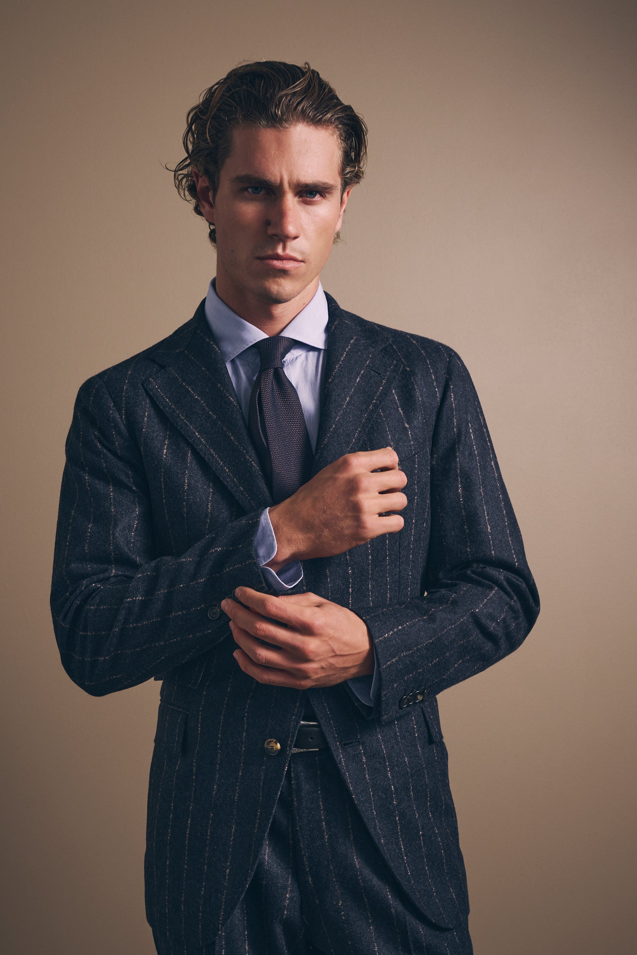 Naples Single-Breasted Suit - Wool/Cashmere - Navy & Sand Chalk Stripe