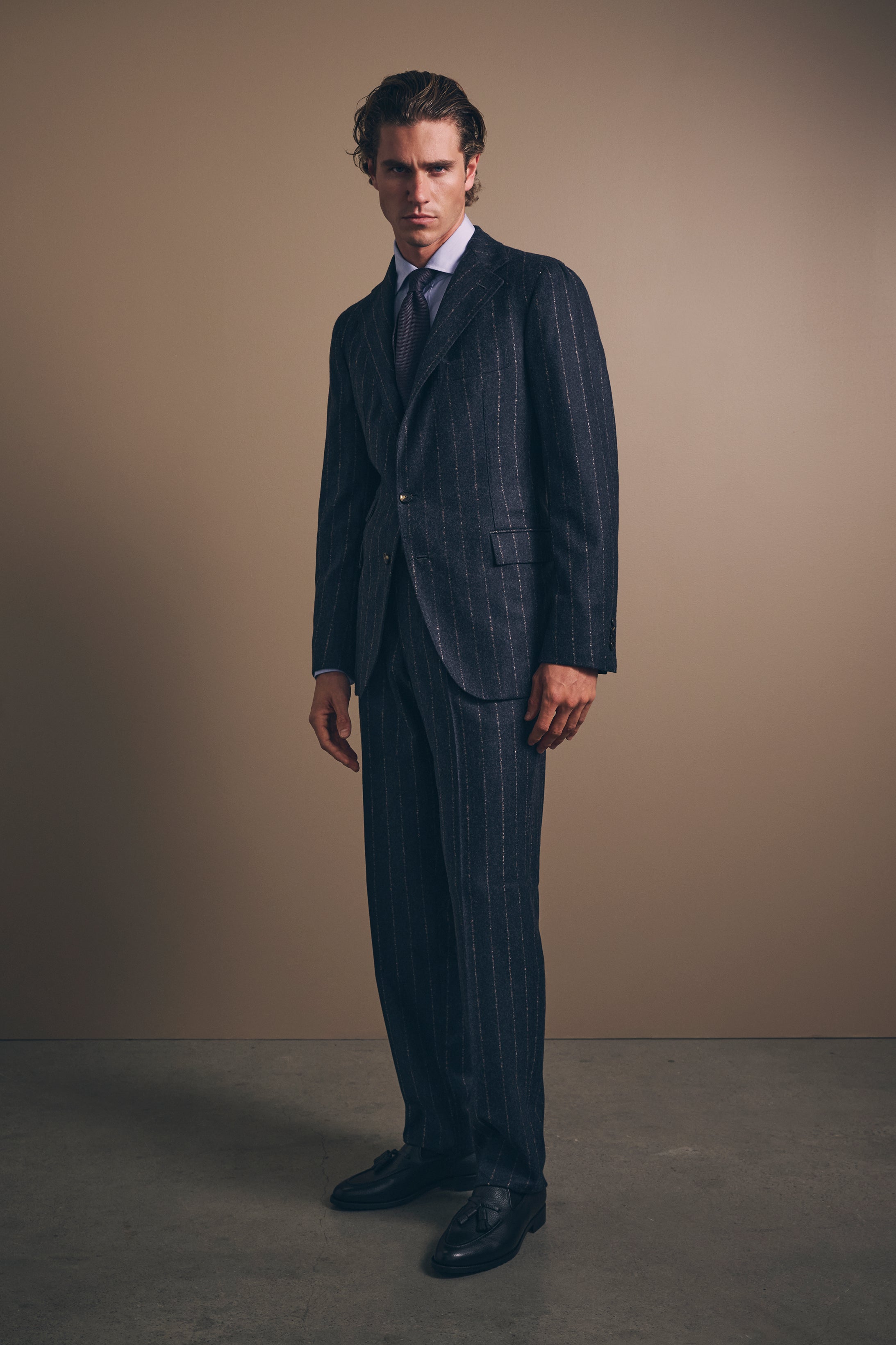Naples Single-Breasted Suit - Wool/Cashmere - Navy & Sand Chalk Stripe