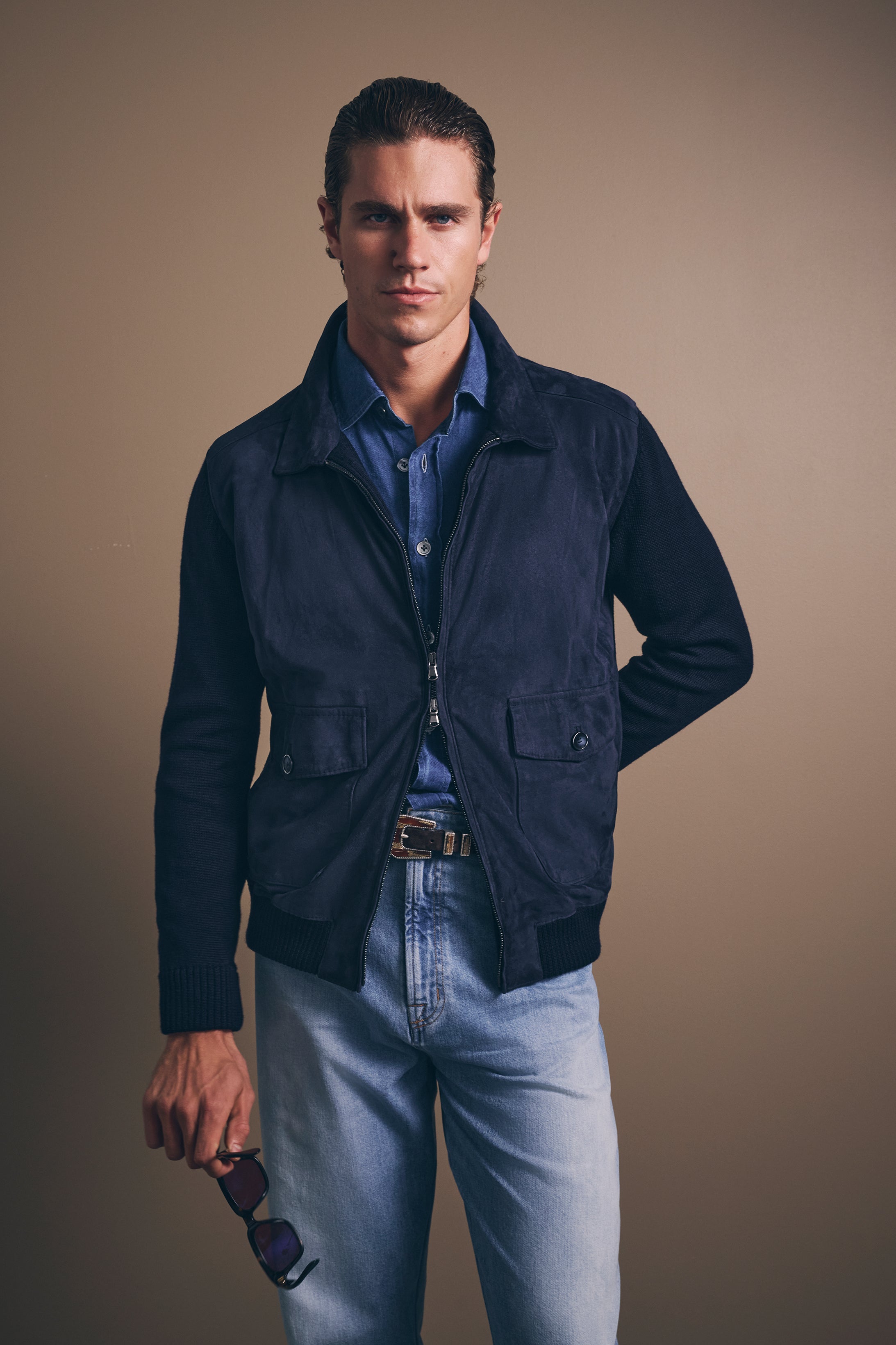 Bomber Jacket - Italian Suede & Merino Wool - Nautical Navy Blue