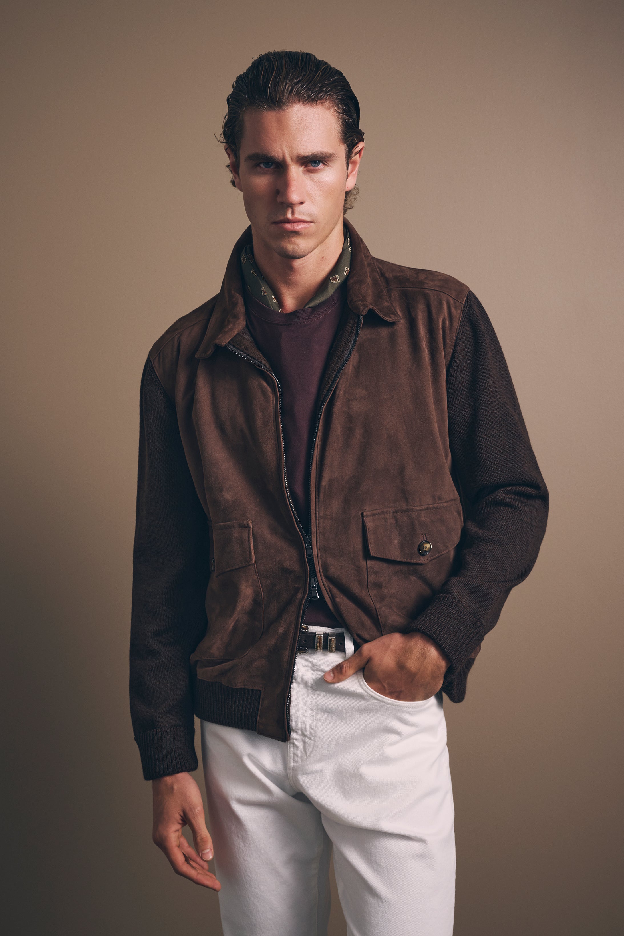 Bomber Jacket - Italian Suede & Merino Wool - Chocolate Brown
