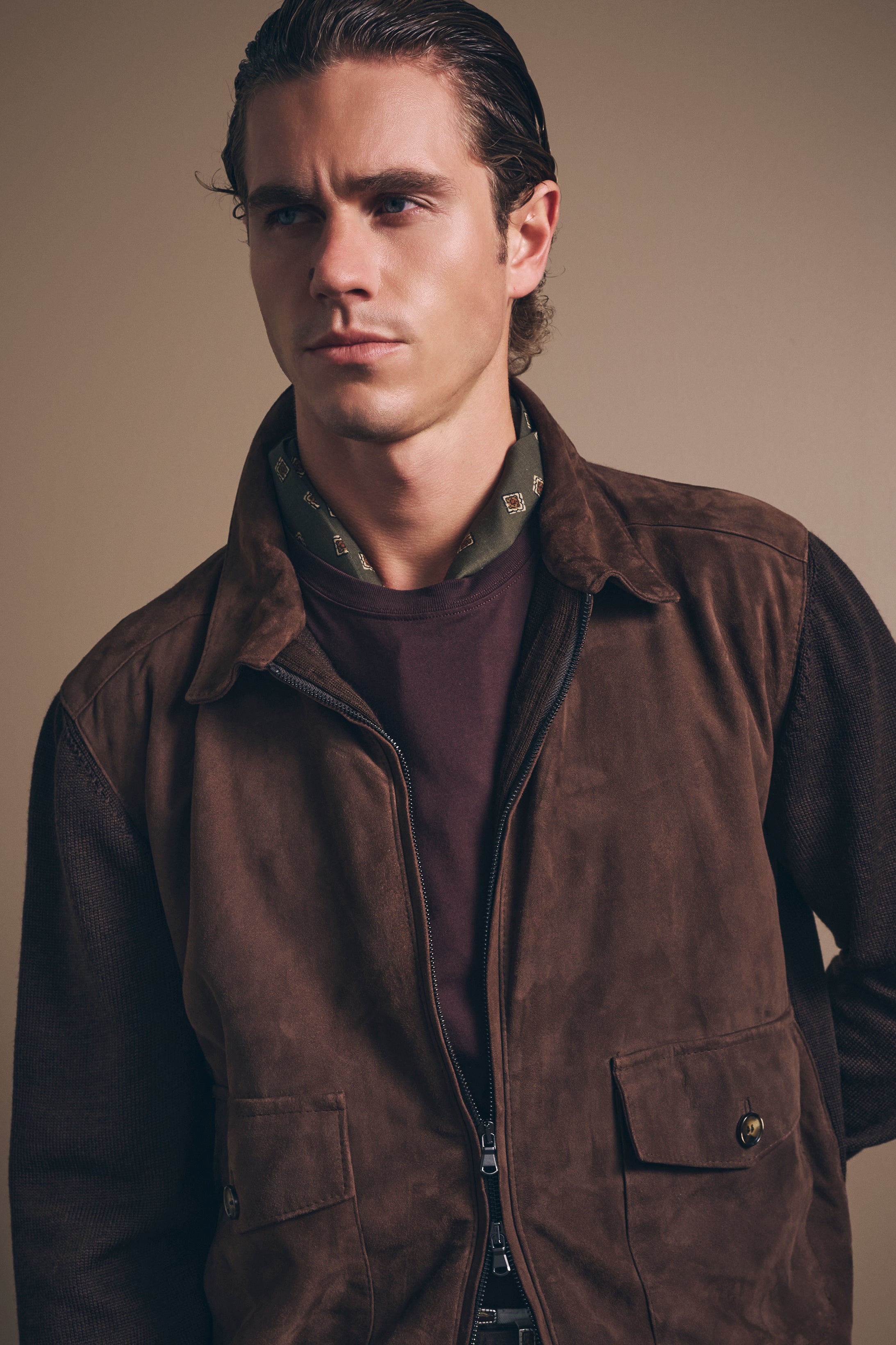 Bomber Jacket - Italian Suede & Merino Wool - Chocolate Brown