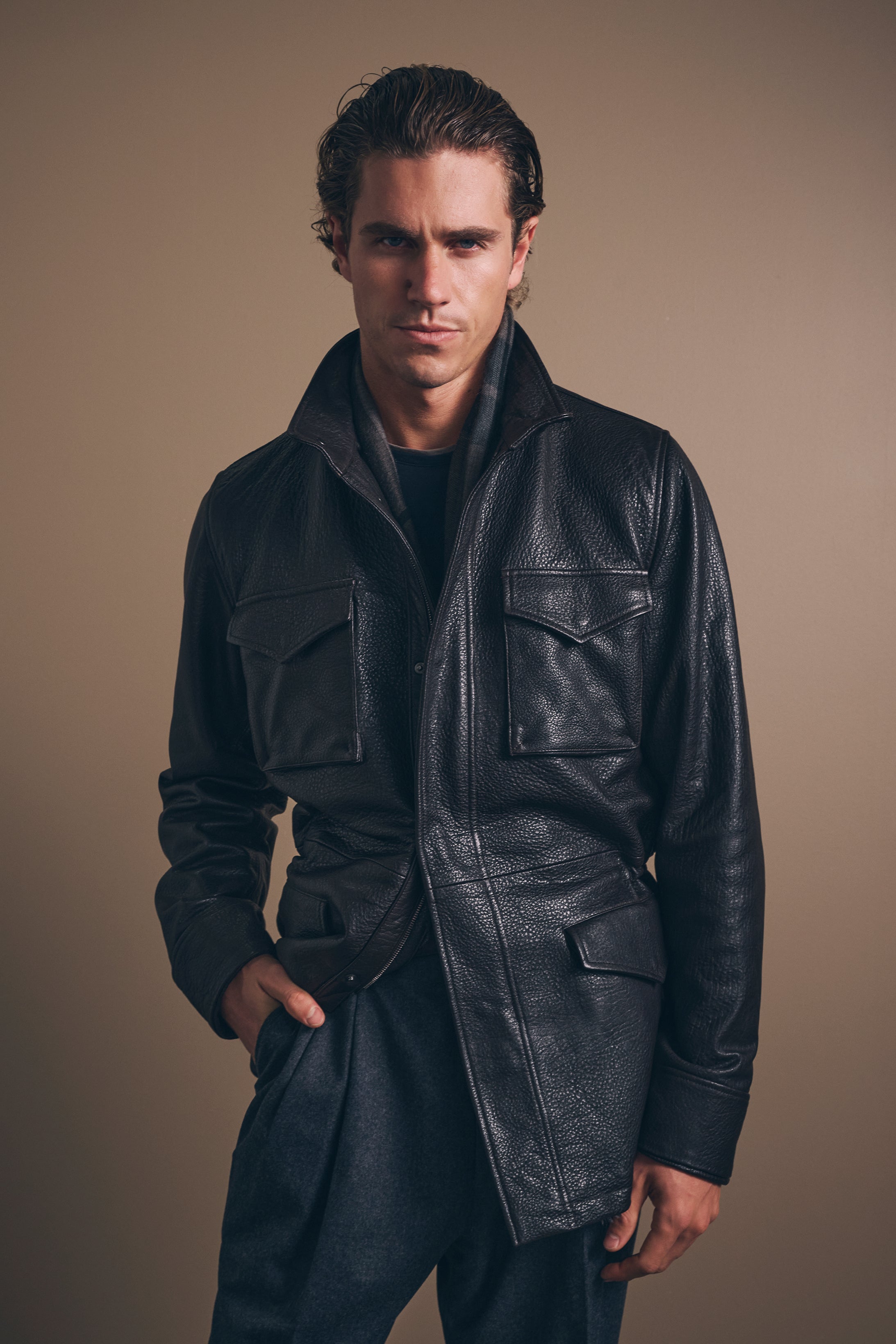 Field Jacket - Tumbled Grain Lambskin Leather - Chocolate Brown