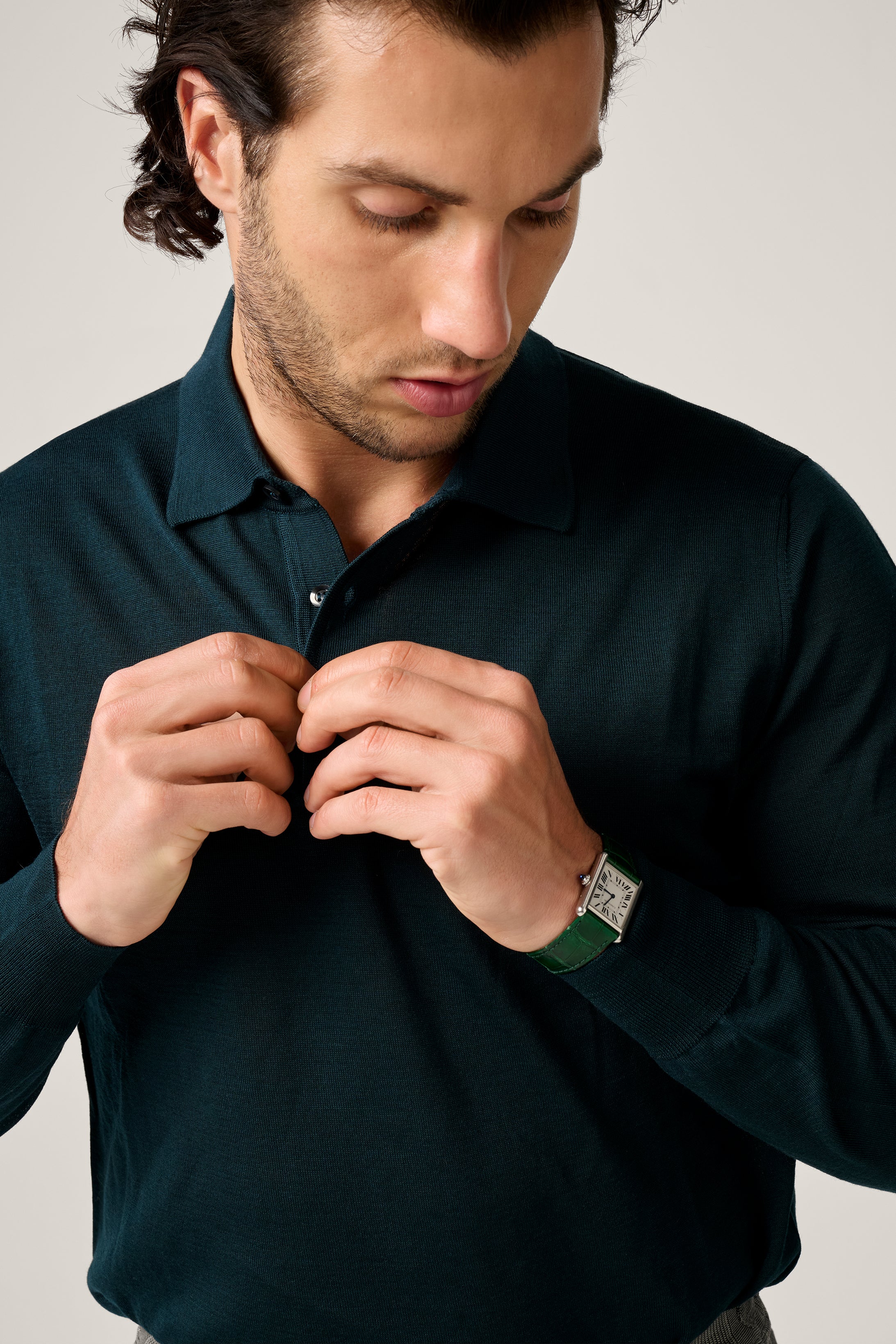 Rye Paperweight Merino Long Sleeve Polo - Forest