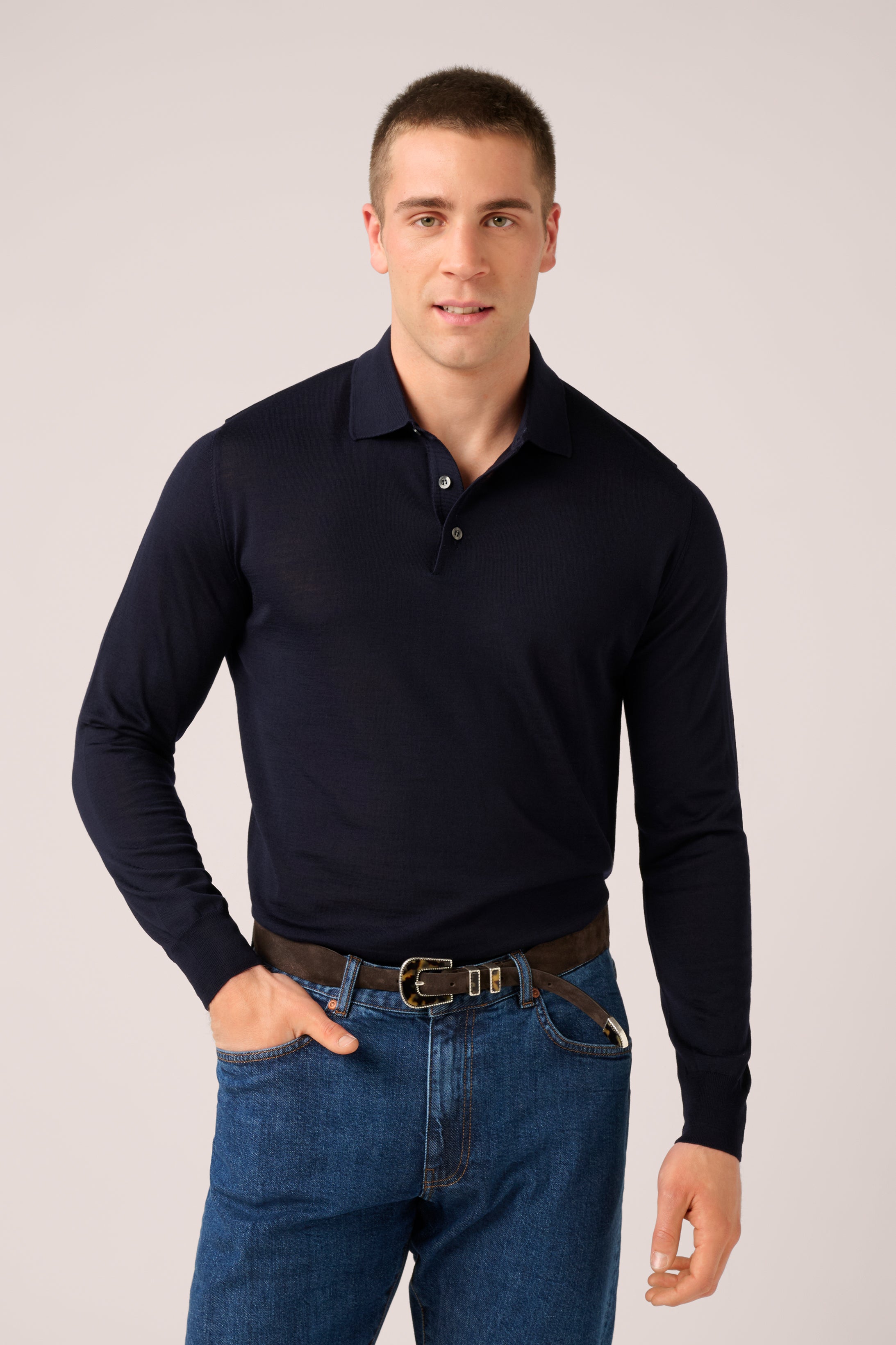 Rye Paperweight Merino Long Sleeve Polo - Navy