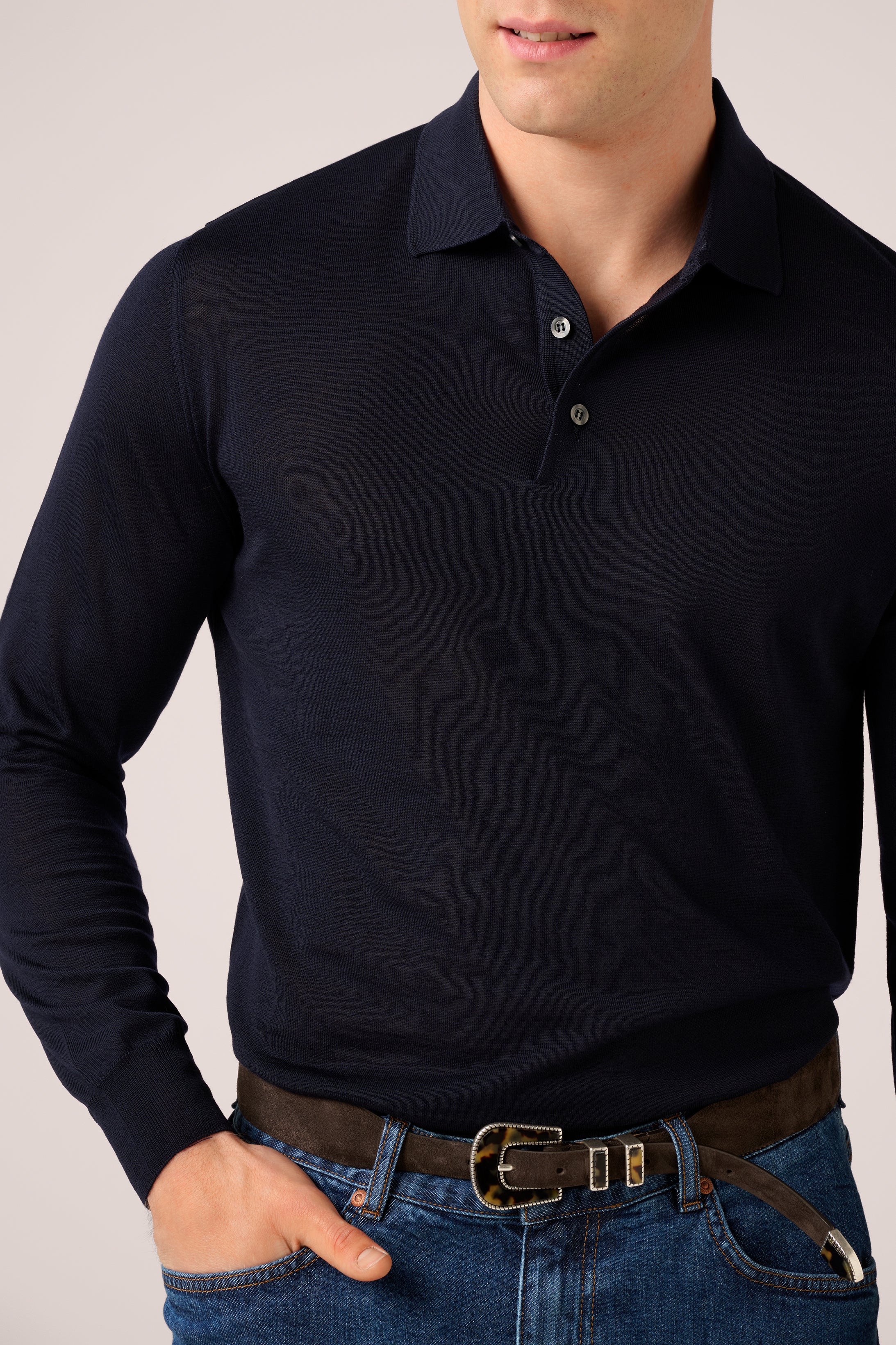 Rye Paperweight Merino Long Sleeve Polo - Navy