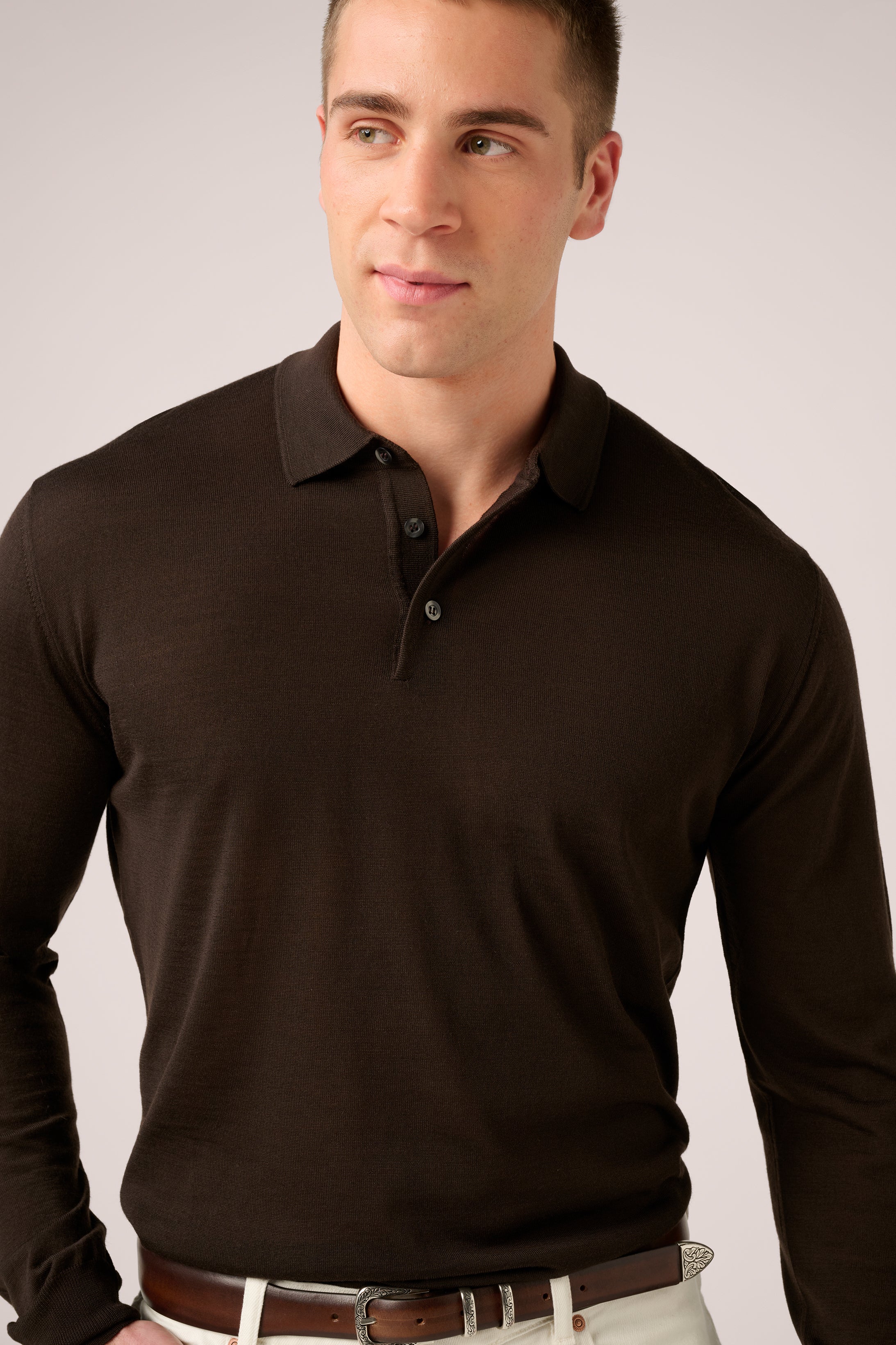Rye Paperweight Merino Long Sleeve Polo - Espresso